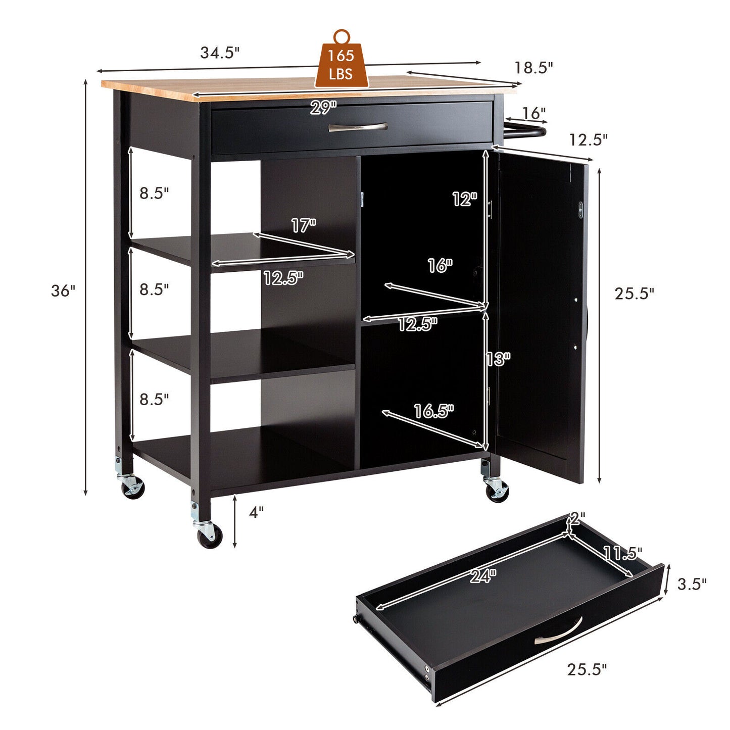 Rolling Kitchen Island Cart with Storage Drawers Shelves and Wood Countertop - Brown