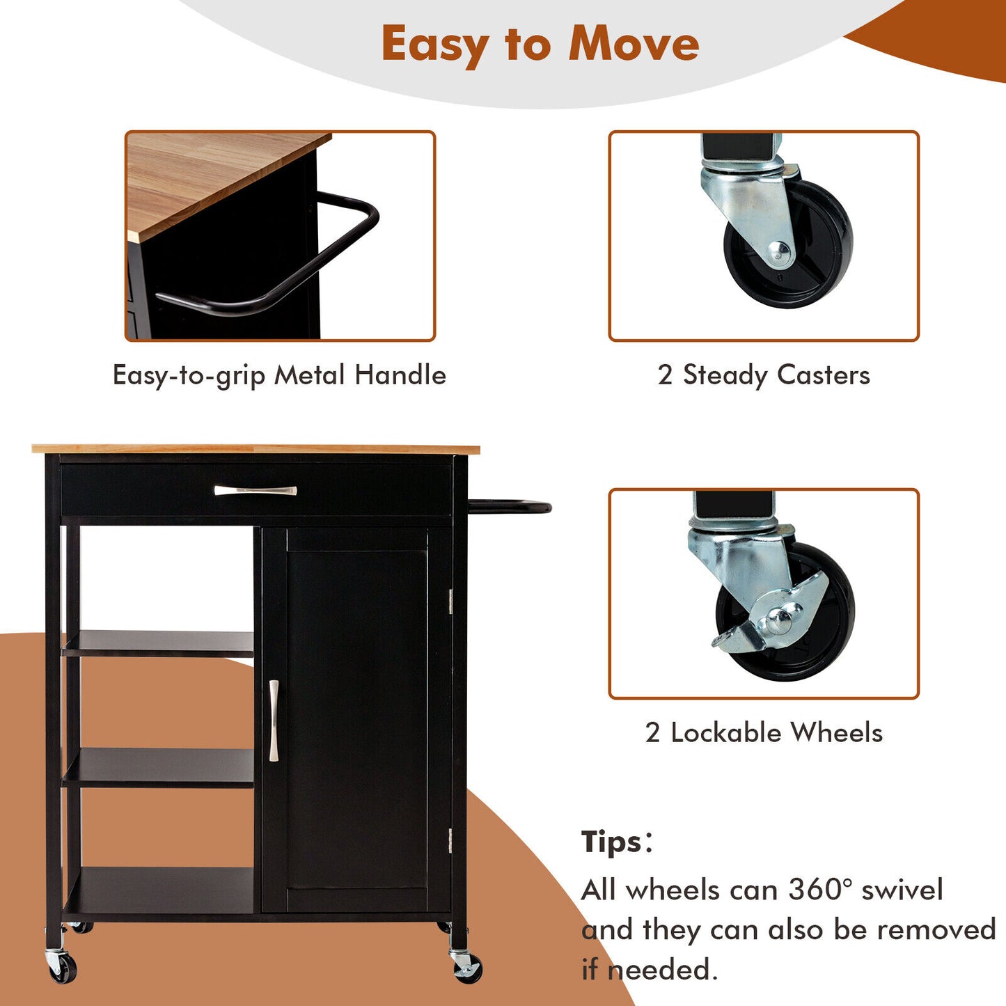 Rolling Kitchen Island Cart with Storage Drawers Shelves and Wood Countertop - Brown