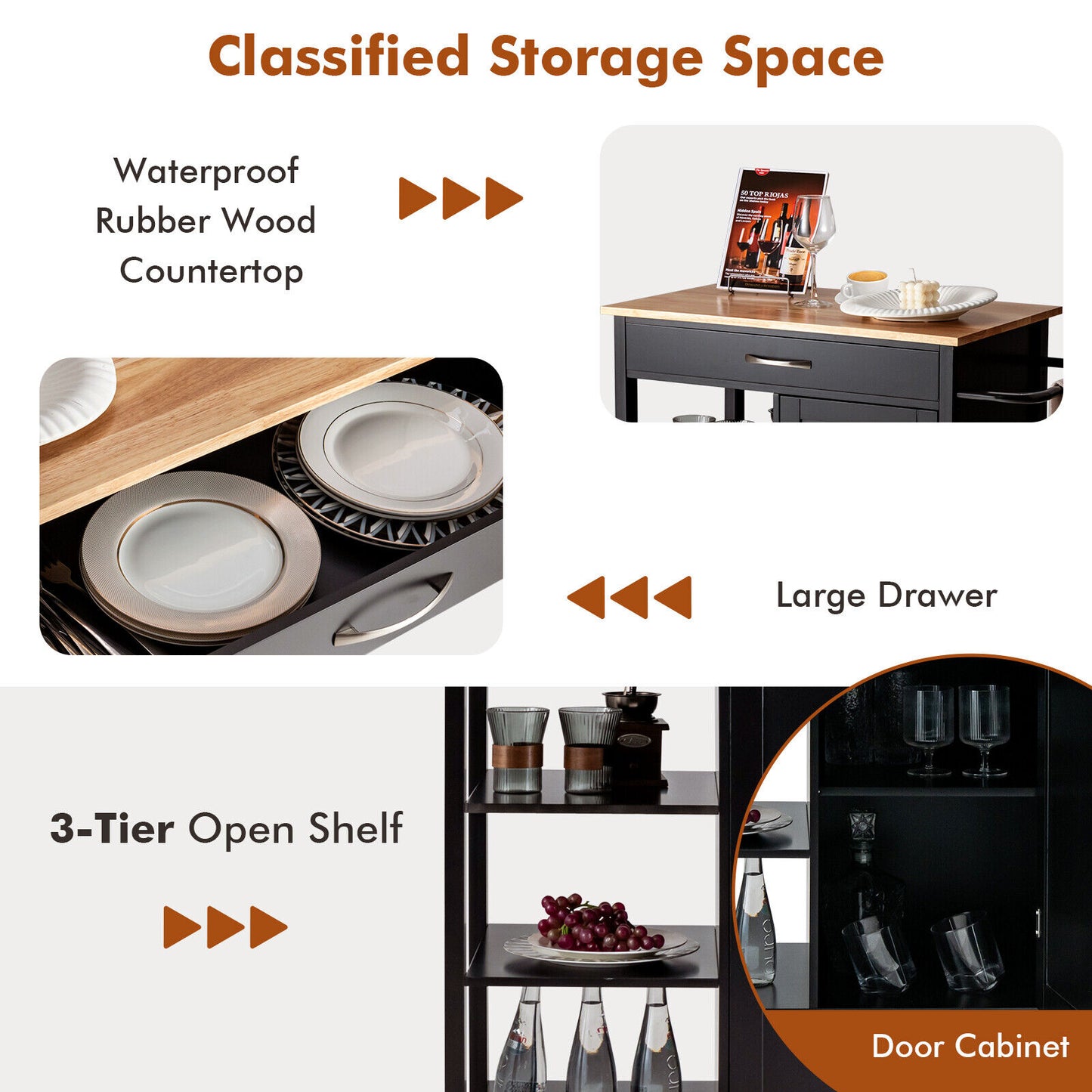 Rolling Kitchen Island Cart with Storage Drawers Shelves and Wood Countertop - Brown
