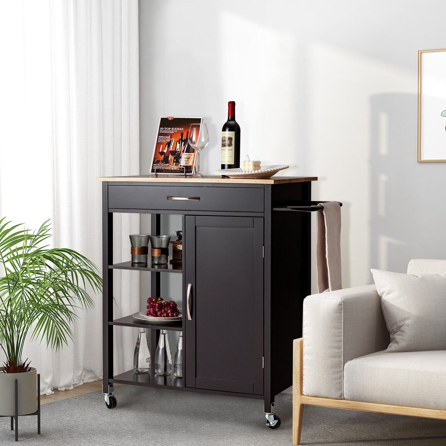 Rolling Kitchen Island Cart with Storage Drawers Shelves and Wood Countertop - Brown