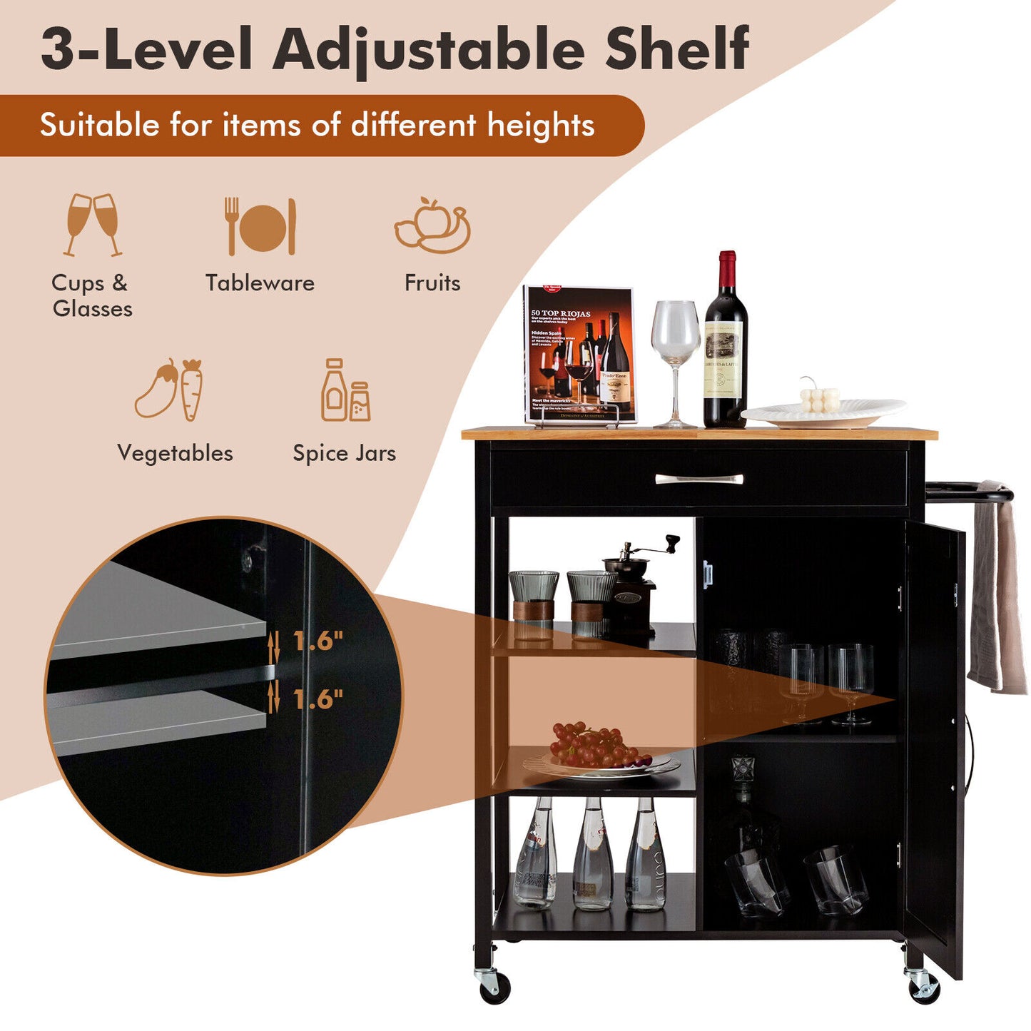 Rolling Kitchen Island Cart with Storage Drawers Shelves and Wood Countertop - Brown