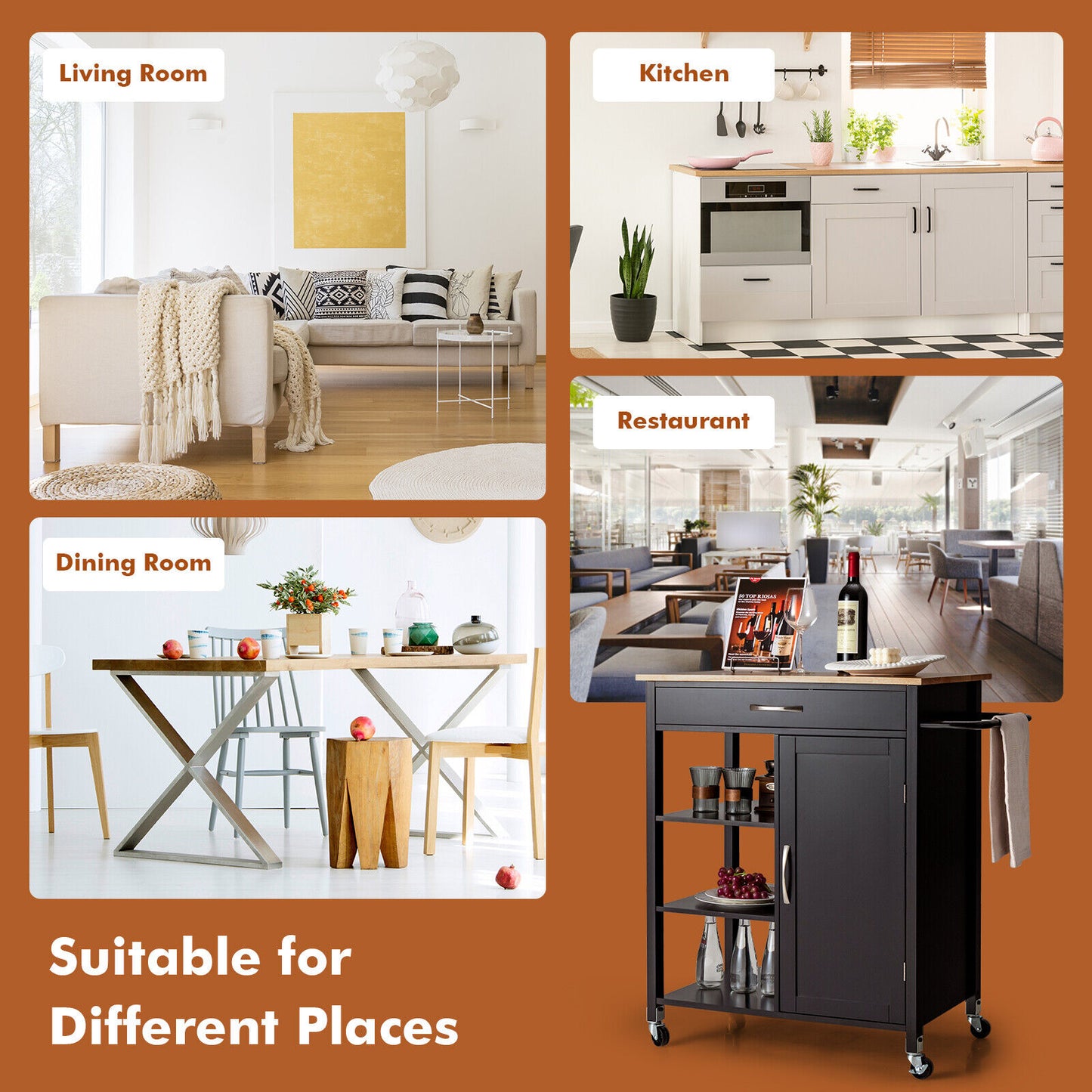 Rolling Kitchen Island Cart with Storage Drawers Shelves and Wood Countertop - Brown