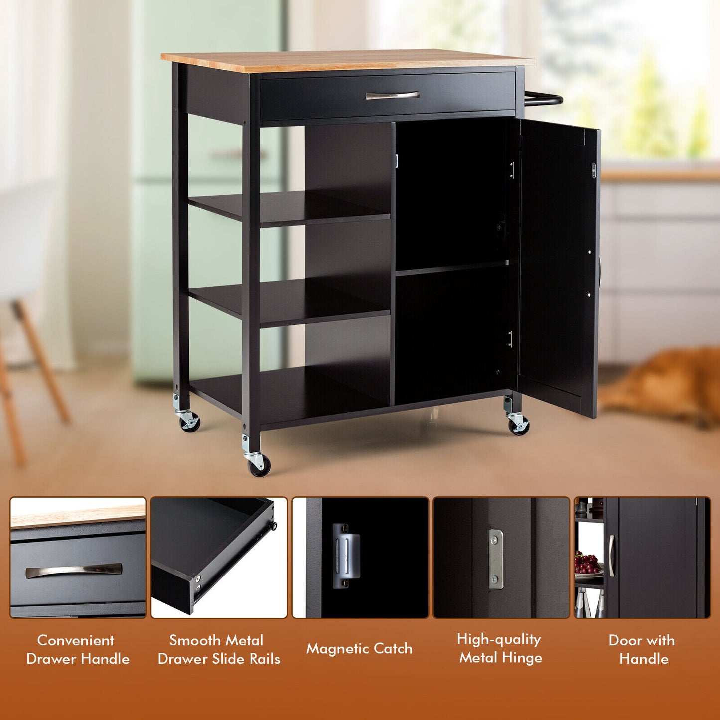 Rolling Kitchen Island Cart with Storage Drawers Shelves and Wood Countertop - Brown