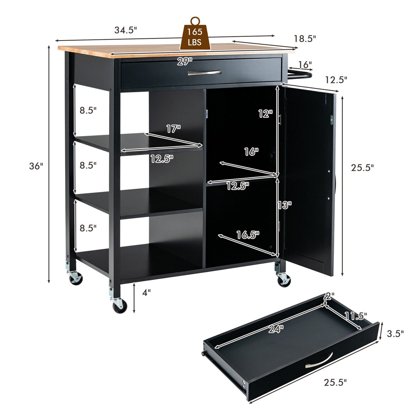Rolling Kitchen Island Cart with Storage Drawers Shelves and Wood Countertop - Black
