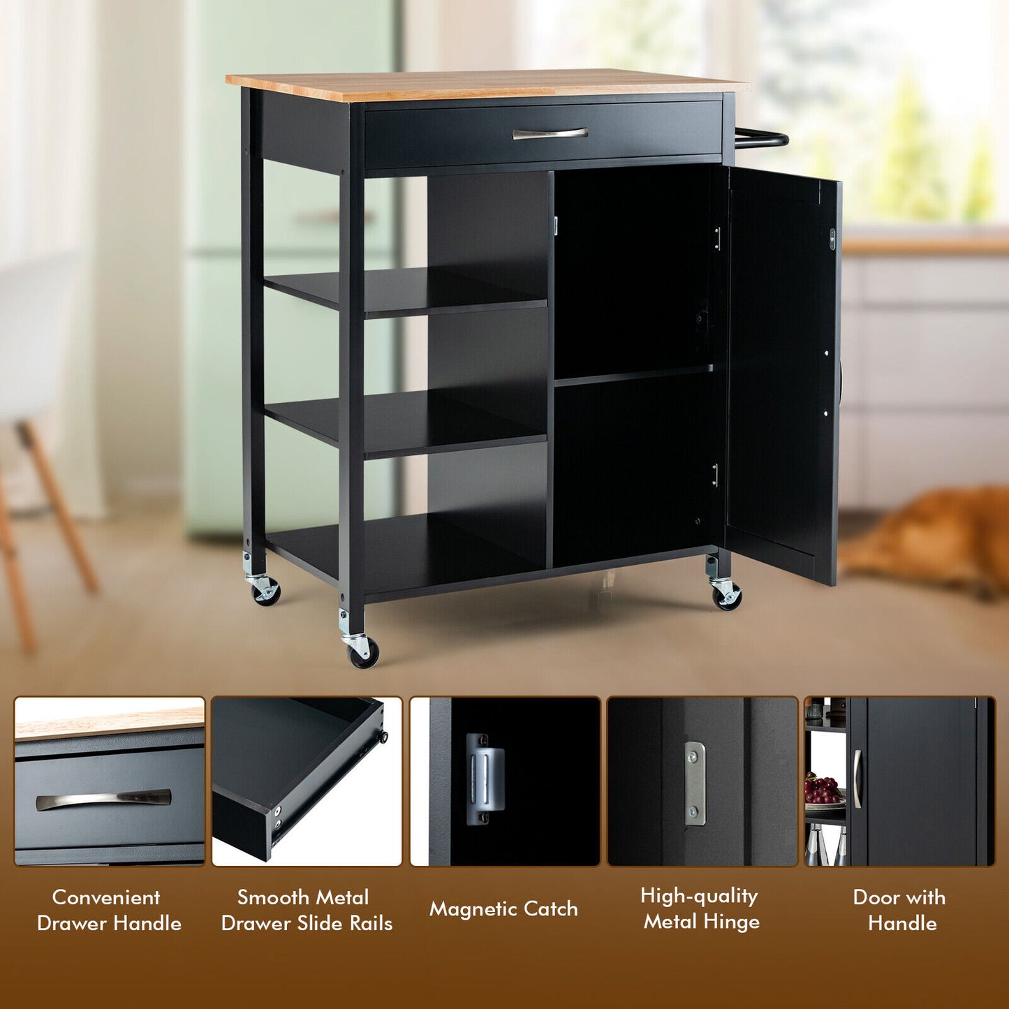 Rolling Kitchen Island Cart with Storage Drawers Shelves and Wood Countertop - Black