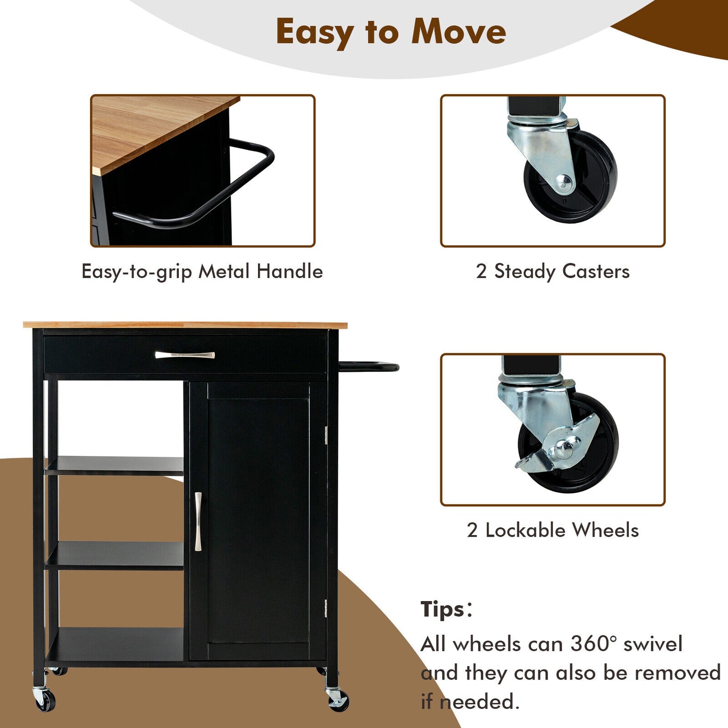 Rolling Kitchen Island Cart with Storage Drawers Shelves and Wood Countertop - Black