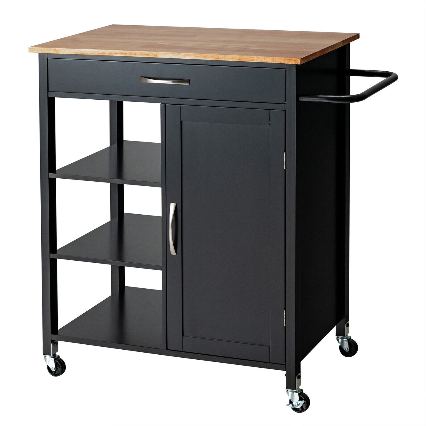 Rolling Kitchen Island Cart with Storage Drawers Shelves and Wood Countertop - Black
