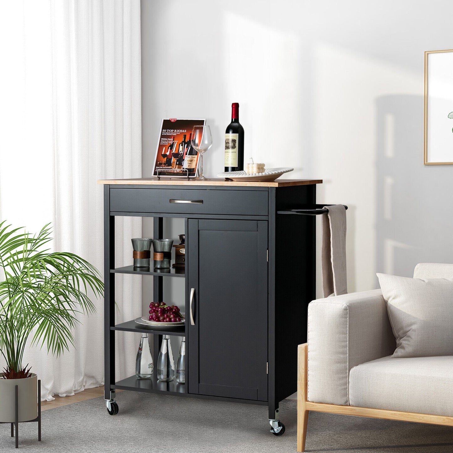 Rolling Kitchen Island Cart with Storage Drawers Shelves and Wood Countertop - Black