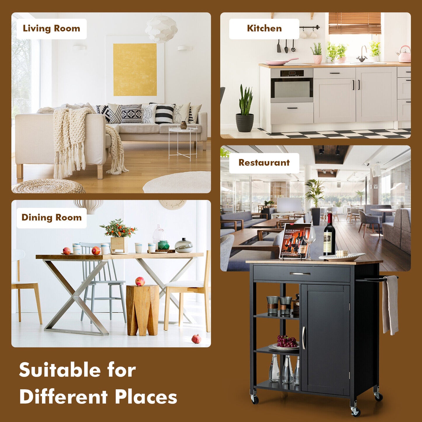Rolling Kitchen Island Cart with Storage Drawers Shelves and Wood Countertop - Black