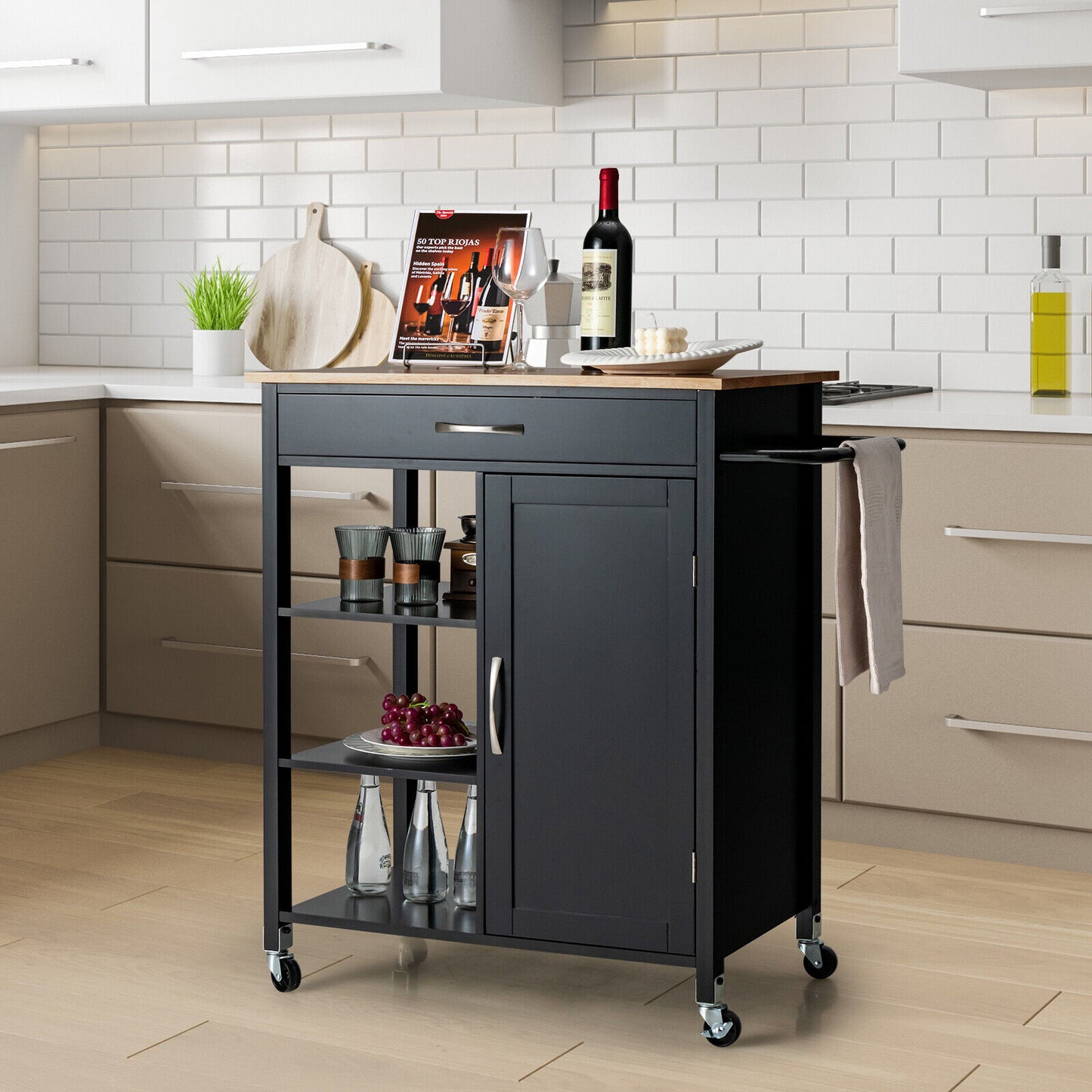 Rolling Kitchen Island Cart with Storage Drawers Shelves and Wood Countertop - Black