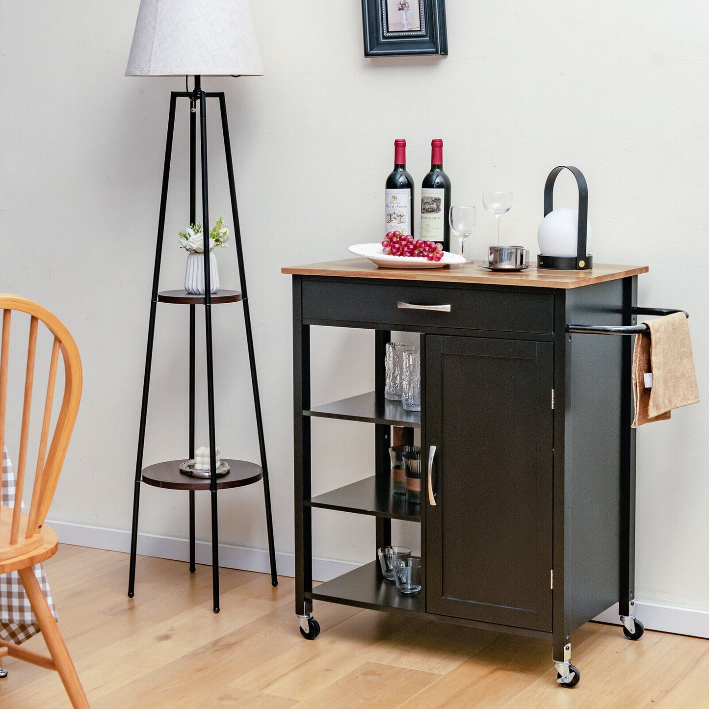 Rolling Kitchen Island Cart with Storage Drawers Shelves and Wood Countertop - Black