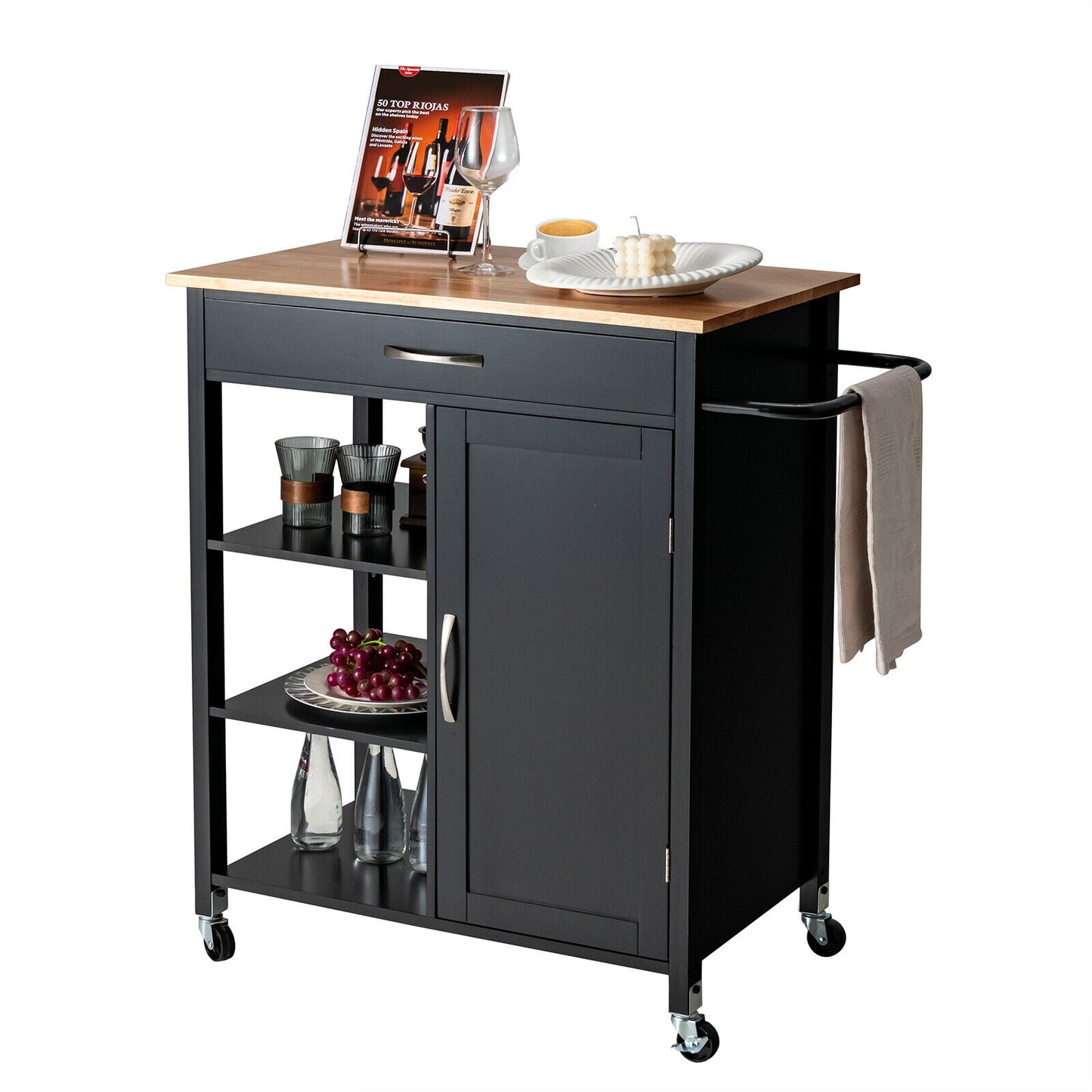 Rolling Kitchen Island Cart with Storage Drawers Shelves and Wood Countertop - Black