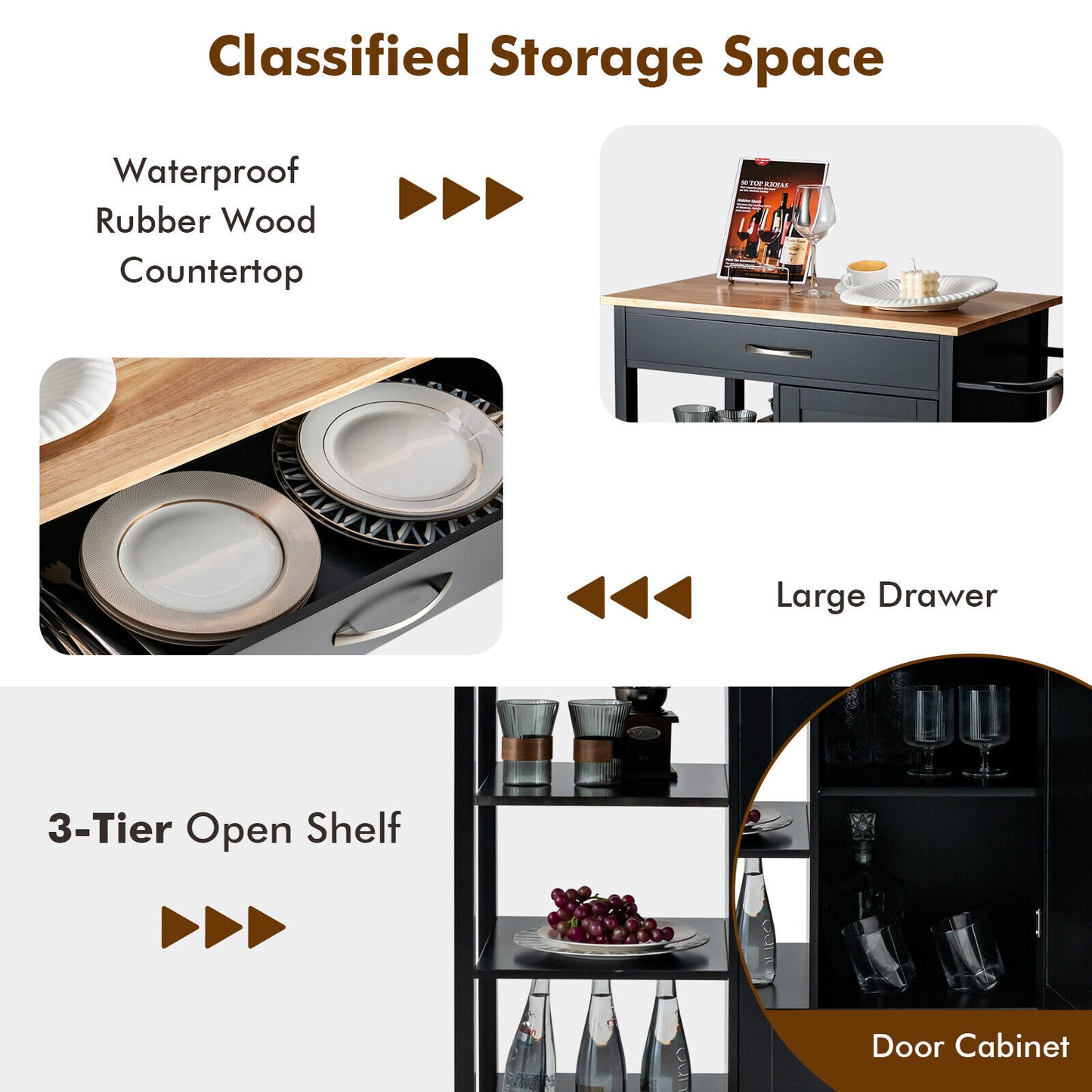 Rolling Kitchen Island Cart with Storage Drawers Shelves and Wood Countertop - Black