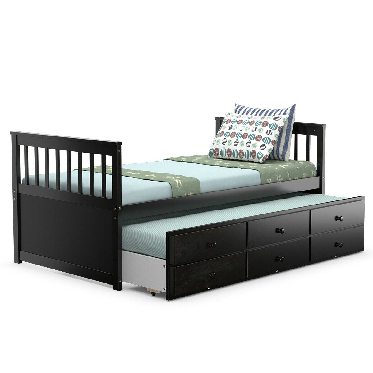 Wood Twin Captain’s Bed with Trundle and Three Storage Drawers for Kids or Guest Room Dark Brown