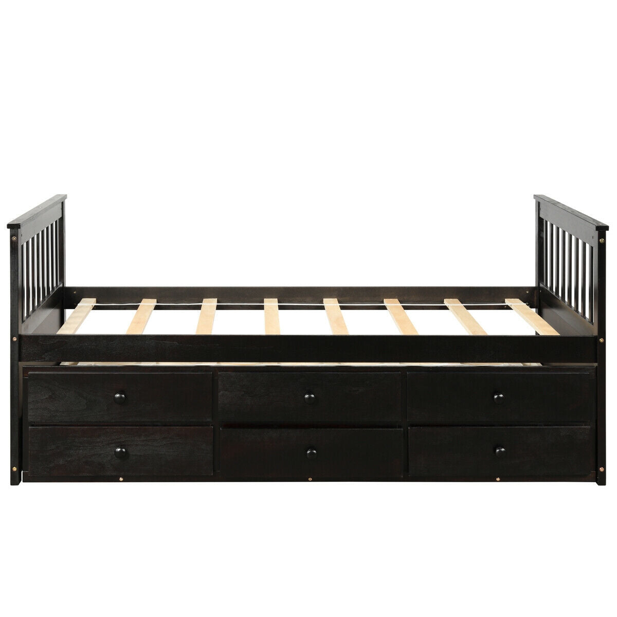 Wood Twin Captain’s Bed with Trundle and Three Storage Drawers for Kids or Guest Room Dark Brown