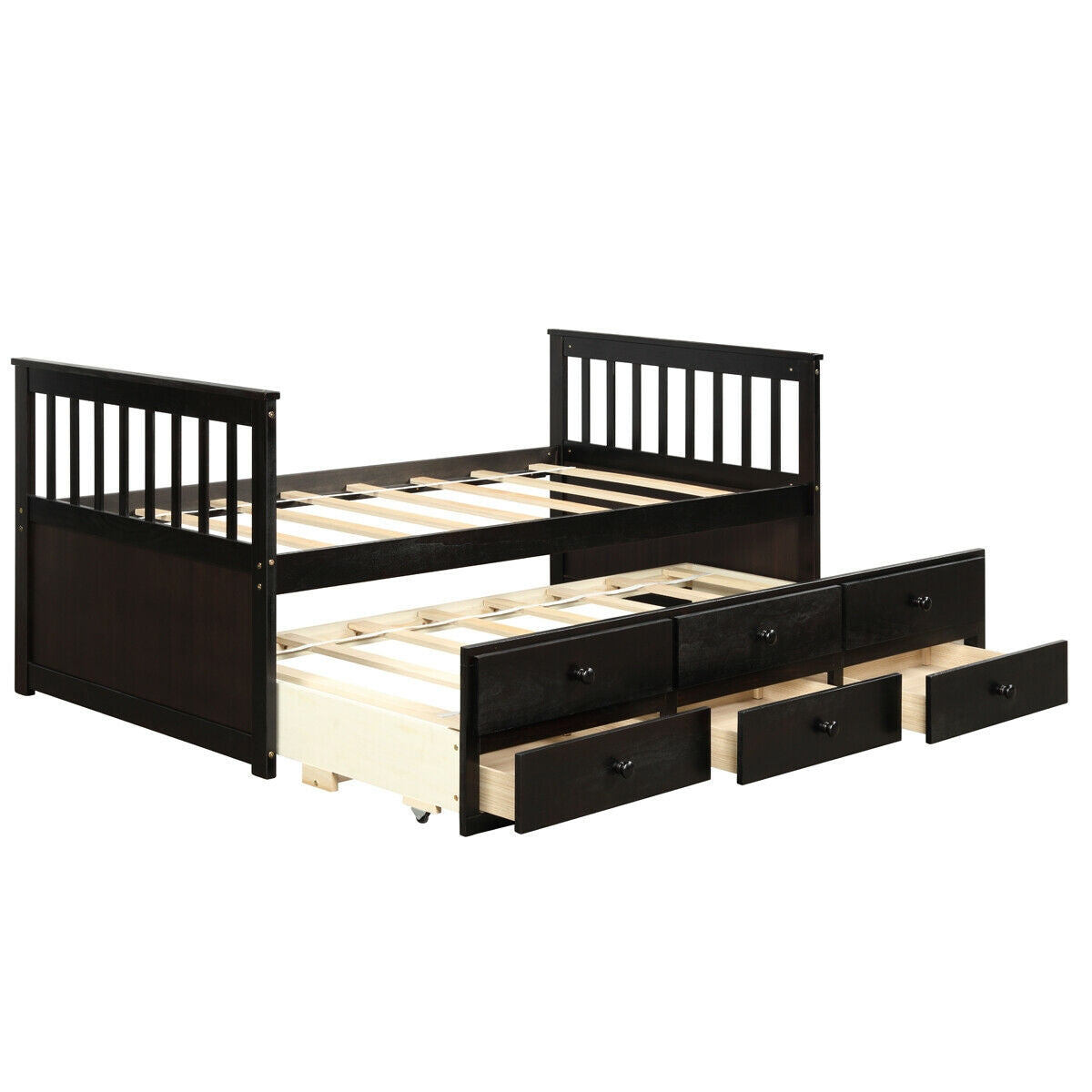 Wood Twin Captain’s Bed with Trundle and Three Storage Drawers for Kids or Guest Room Dark Brown