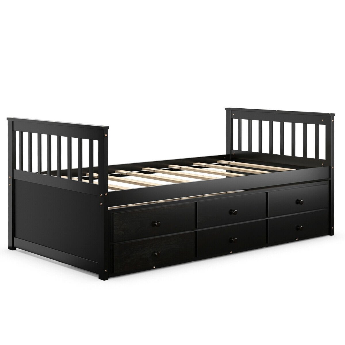 Wood Twin Captain’s Bed with Trundle and Three Storage Drawers for Kids or Guest Room Dark Brown