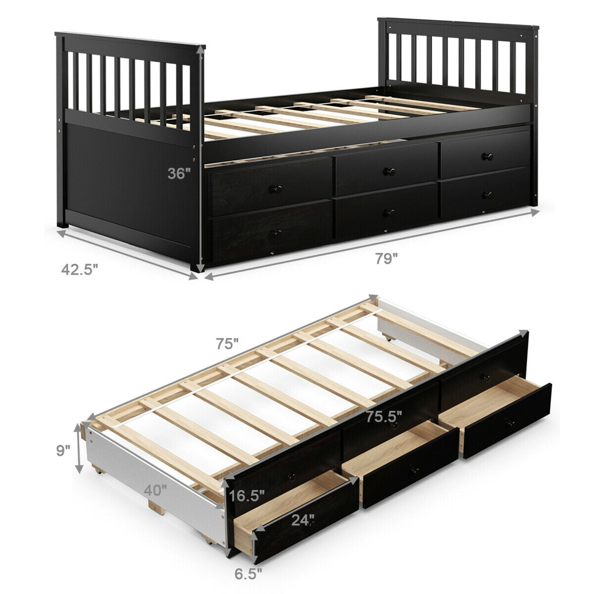 Wood Twin Captain’s Bed with Trundle and Three Storage Drawers for Kids or Guest Room Dark Brown
