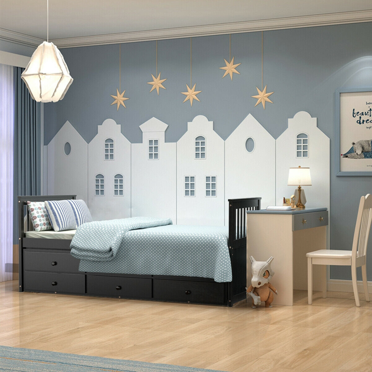 Wood Twin Captain’s Bed with Trundle and Three Storage Drawers for Kids or Guest Room Dark Brown
