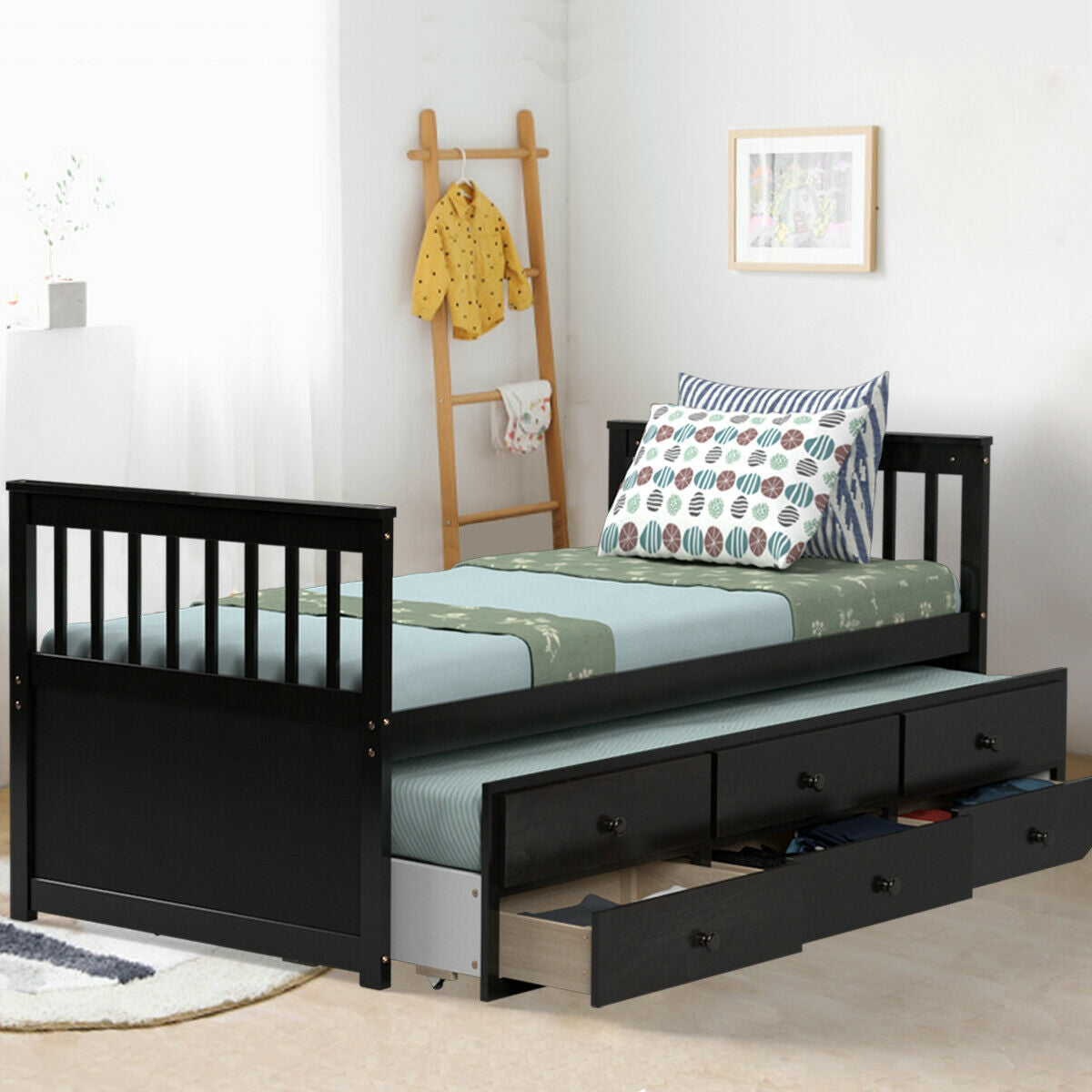 Wood Twin Captain’s Bed with Trundle and Three Storage Drawers for Kids or Guest Room Dark Brown