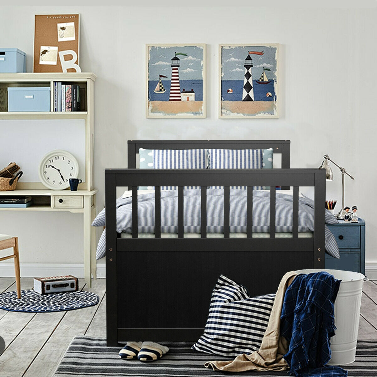 Wood Twin Captain’s Bed with Trundle and Three Storage Drawers for Kids or Guest Room Dark Brown