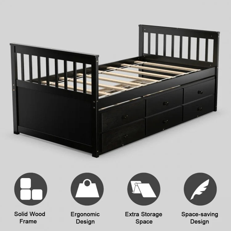 Wood Twin Captain’s Bed with Trundle and Three Storage Drawers for Kids or Guest Room Dark Brown