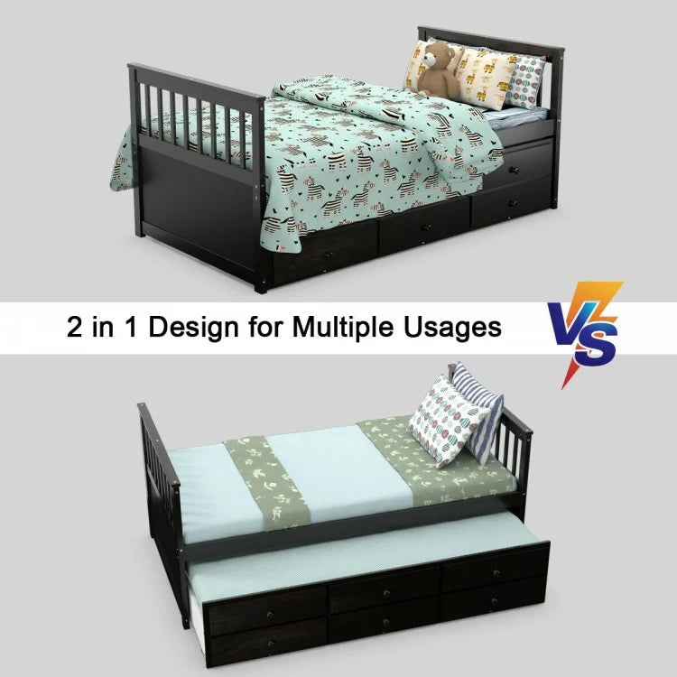 Wood Twin Captain’s Bed with Trundle and Three Storage Drawers for Kids or Guest Room Dark Brown