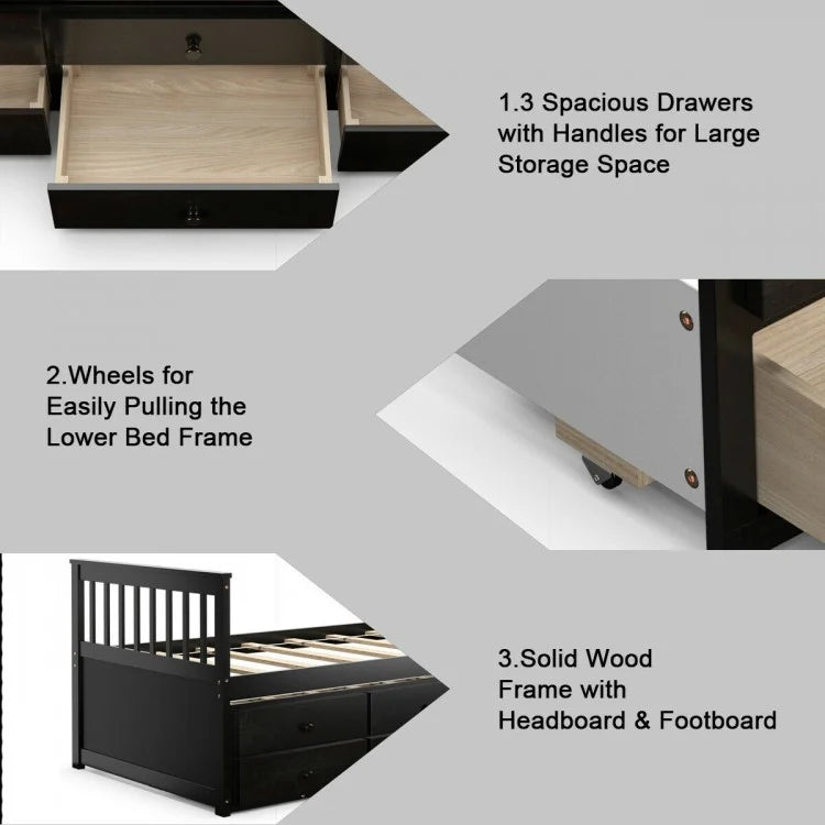 Wood Twin Captain’s Bed with Trundle and Three Storage Drawers for Kids or Guest Room Dark Brown