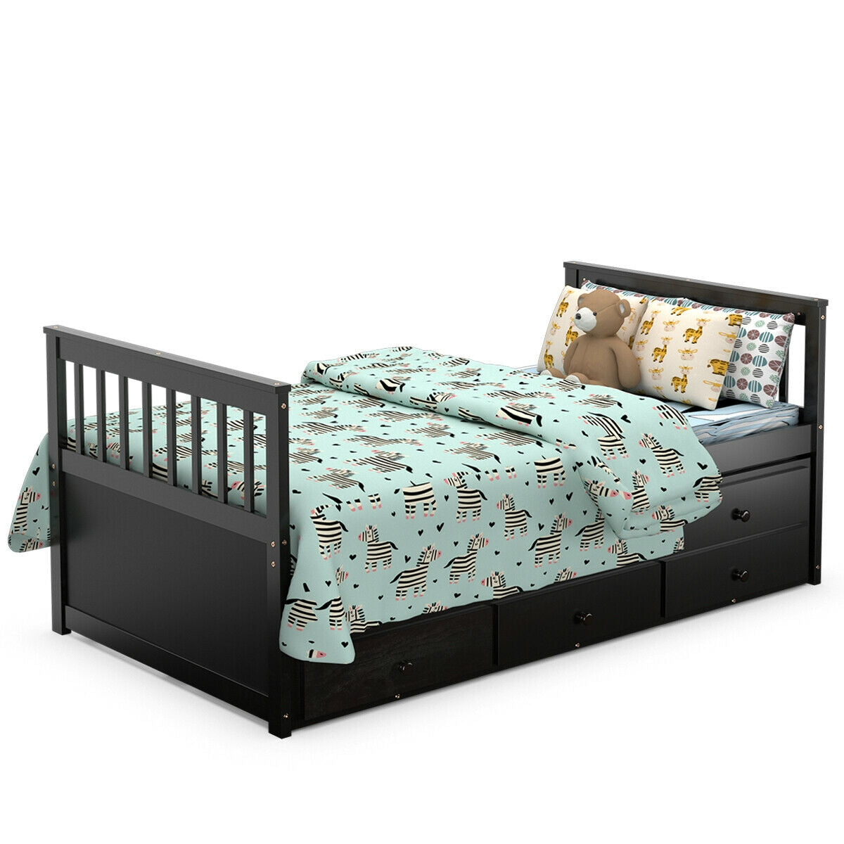 Wood Twin Captain’s Bed with Trundle and Three Storage Drawers for Kids or Guest Room Dark Brown