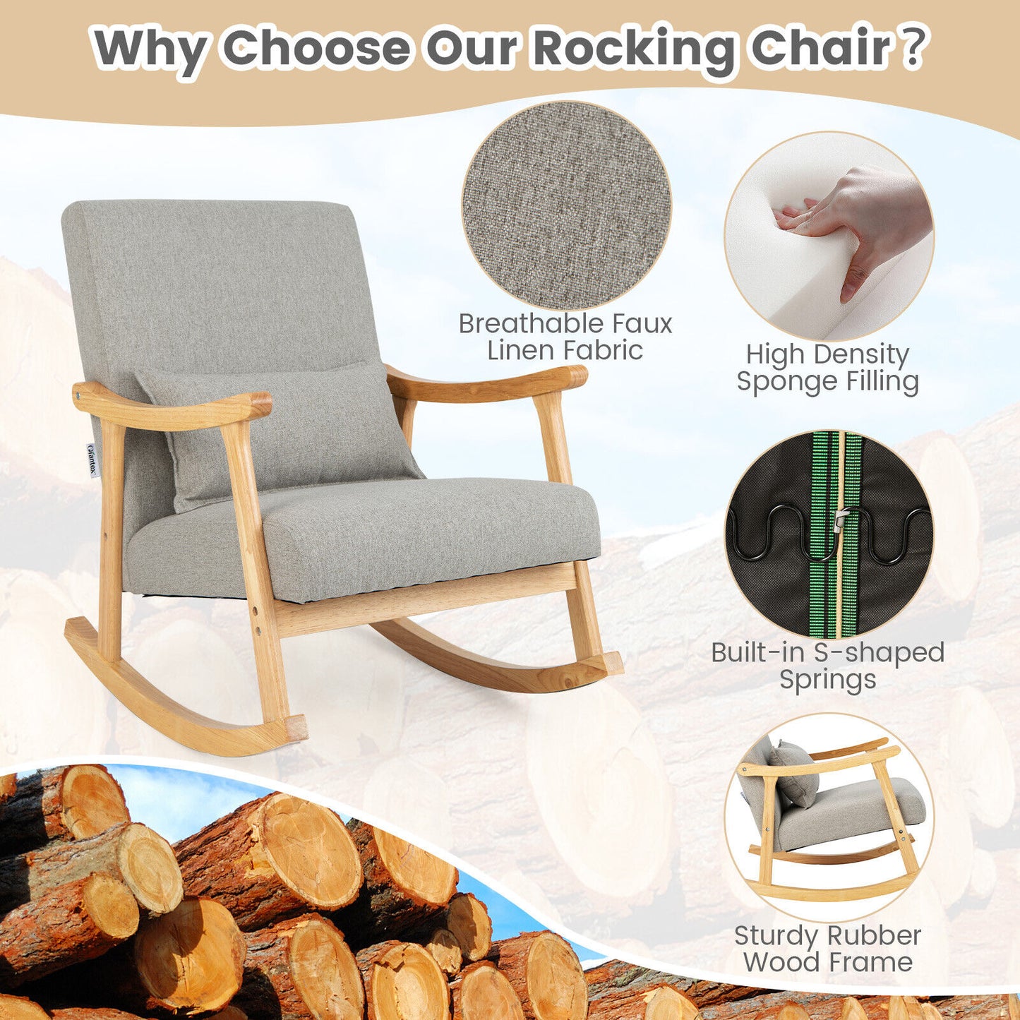 Accent Rocking Chair with Ergonomic Back and Pillow Support Grey
