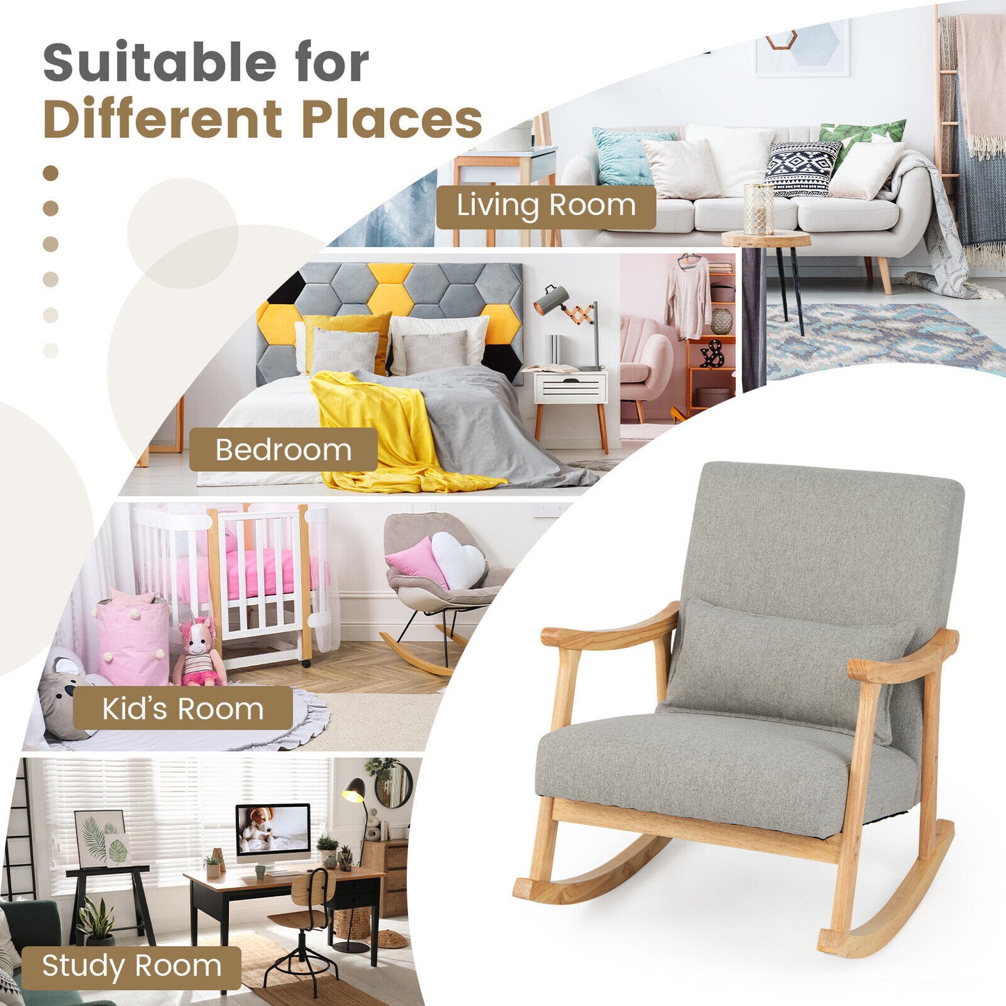 Accent Rocking Chair with Ergonomic Back and Pillow Support Grey