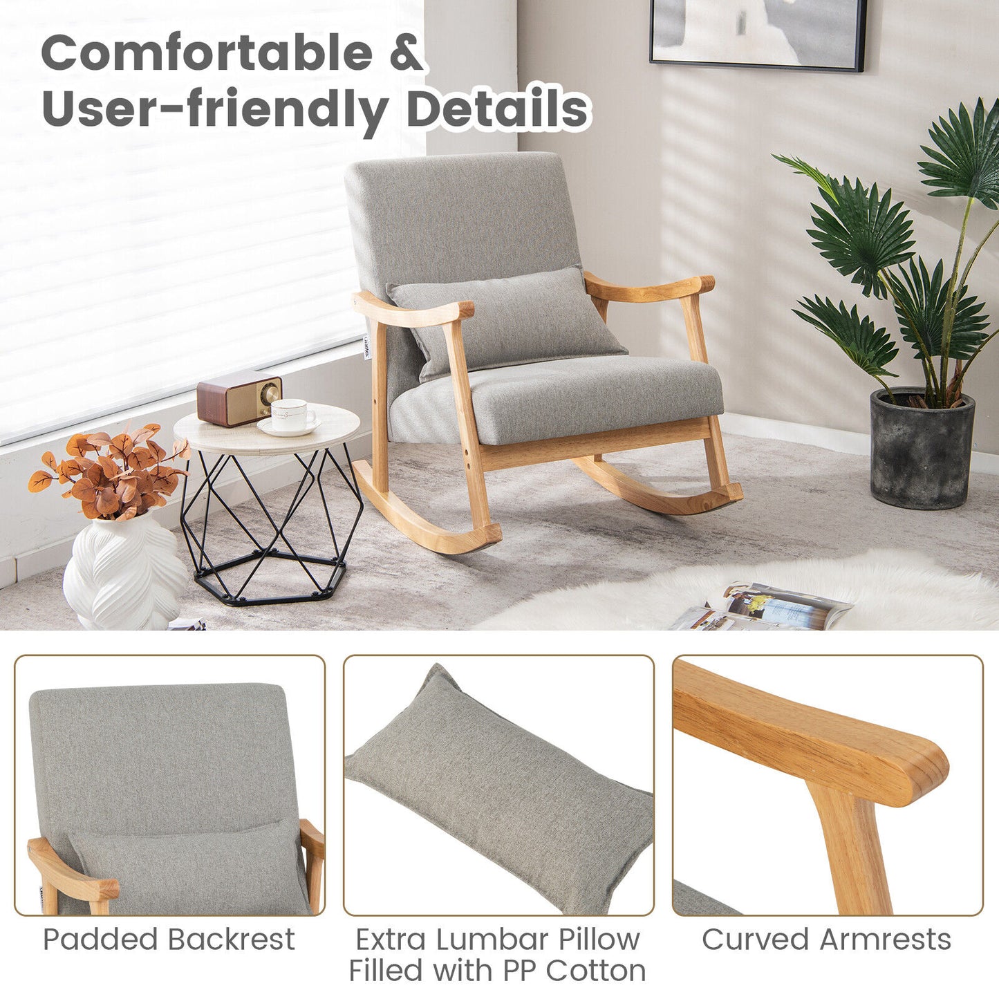 Accent Rocking Chair with Ergonomic Back and Pillow Support Grey