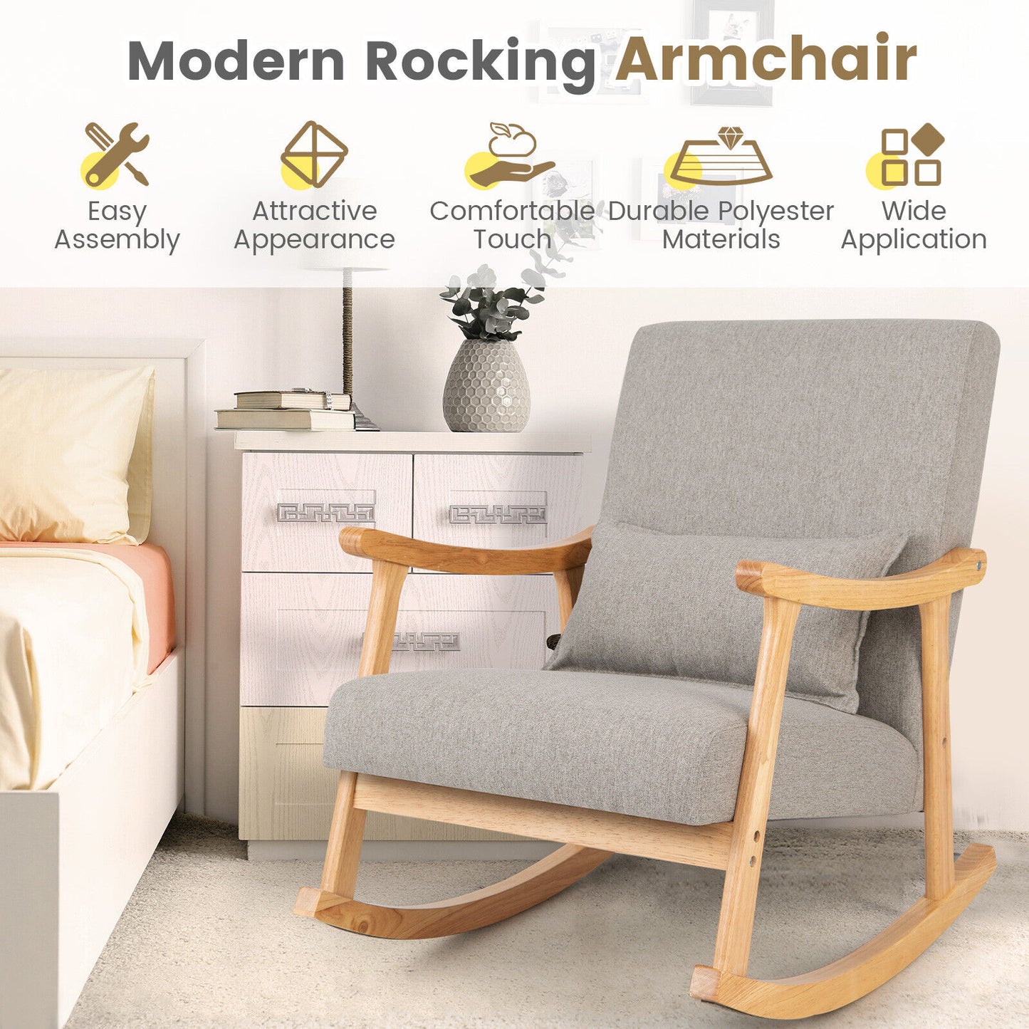 Accent Rocking Chair with Ergonomic Back and Pillow Support Grey