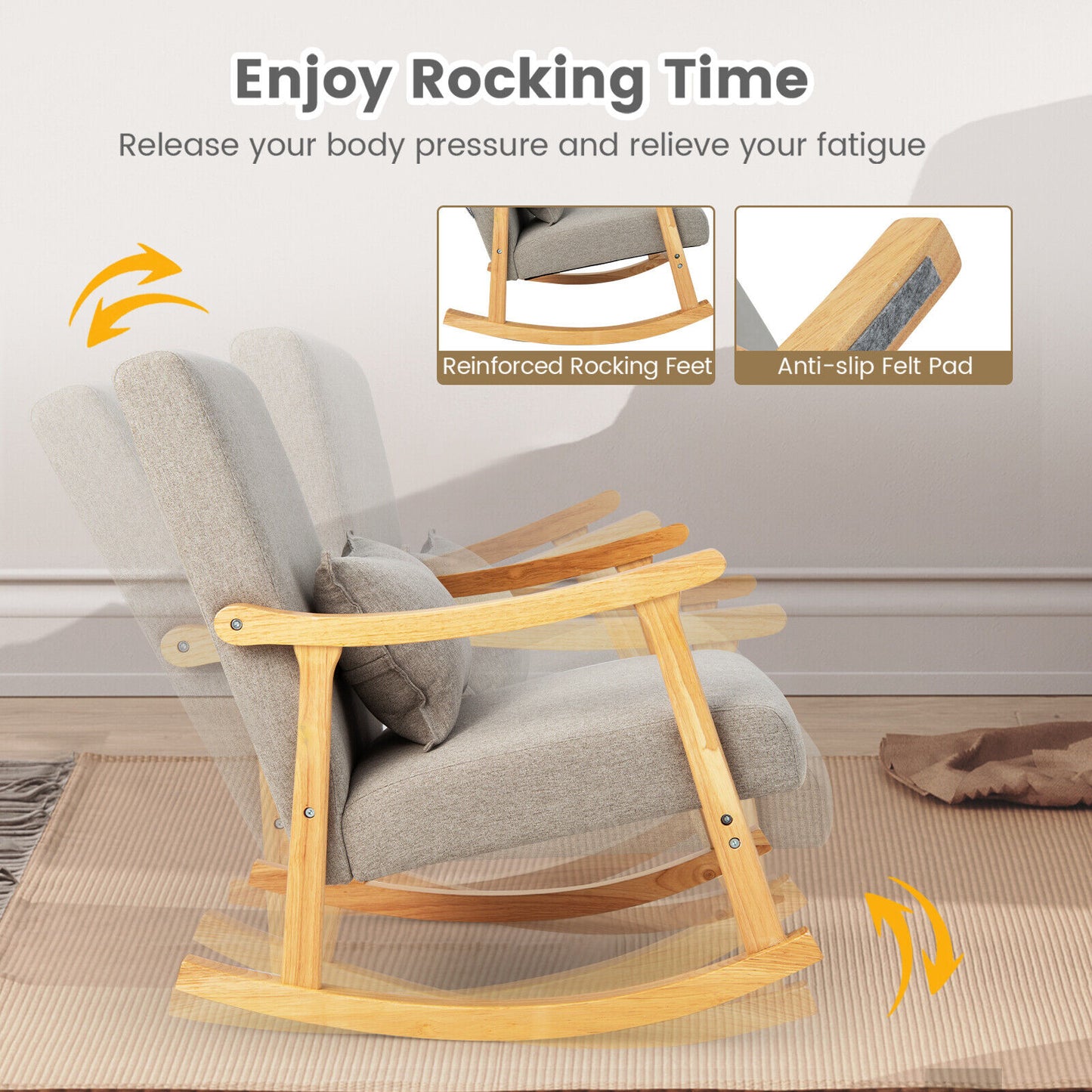 Accent Rocking Chair with Ergonomic Back and Pillow Support Grey