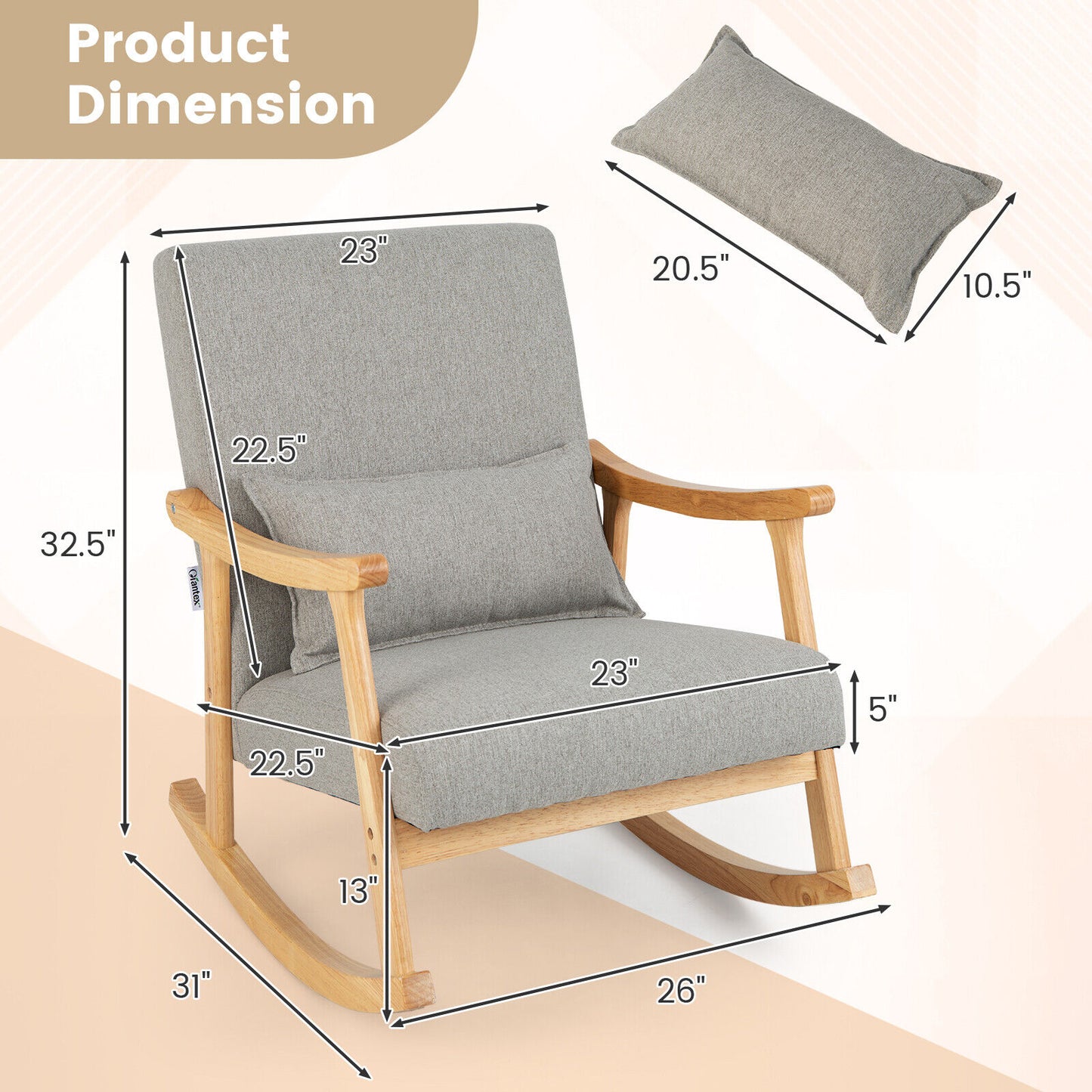 Accent Rocking Chair with Ergonomic Back and Pillow Support Grey
