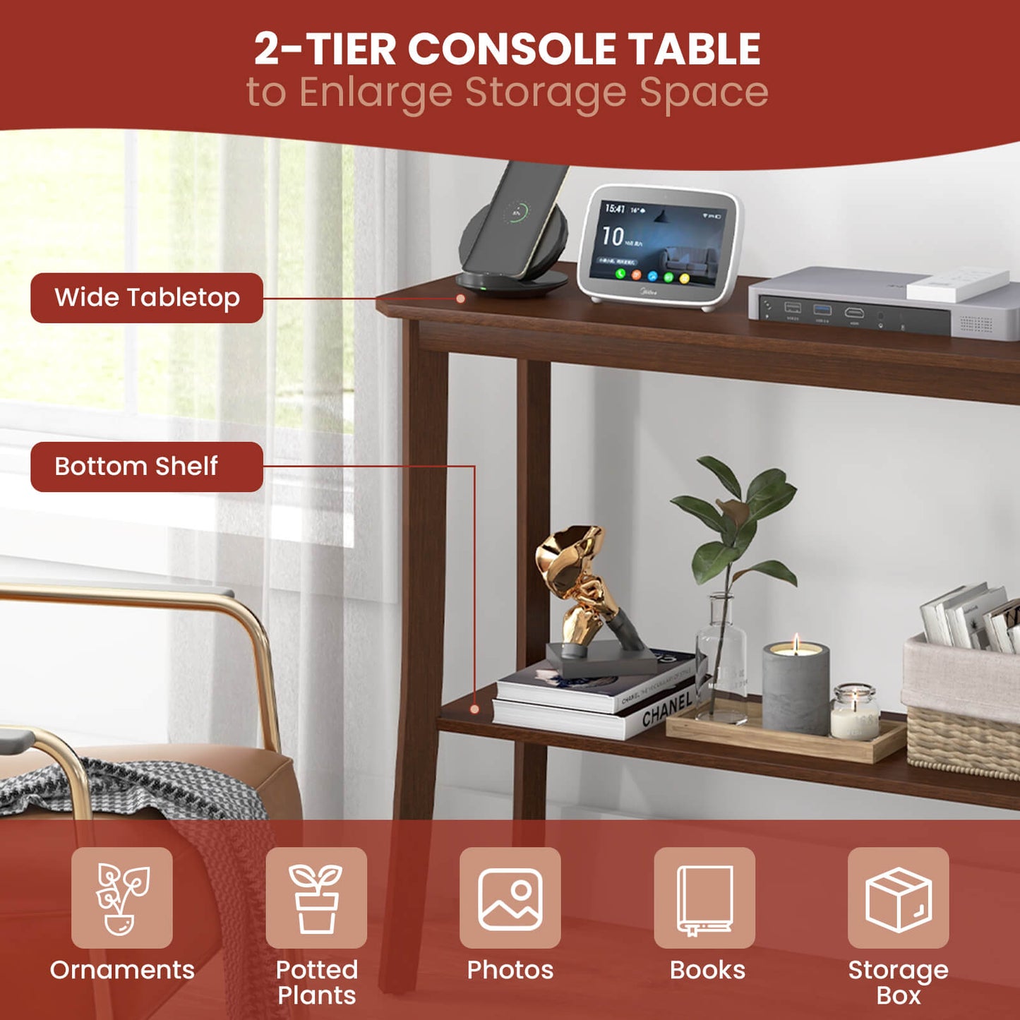 Modern 2-Tier Console Table with Open Shelf for Entryway or Living Room
