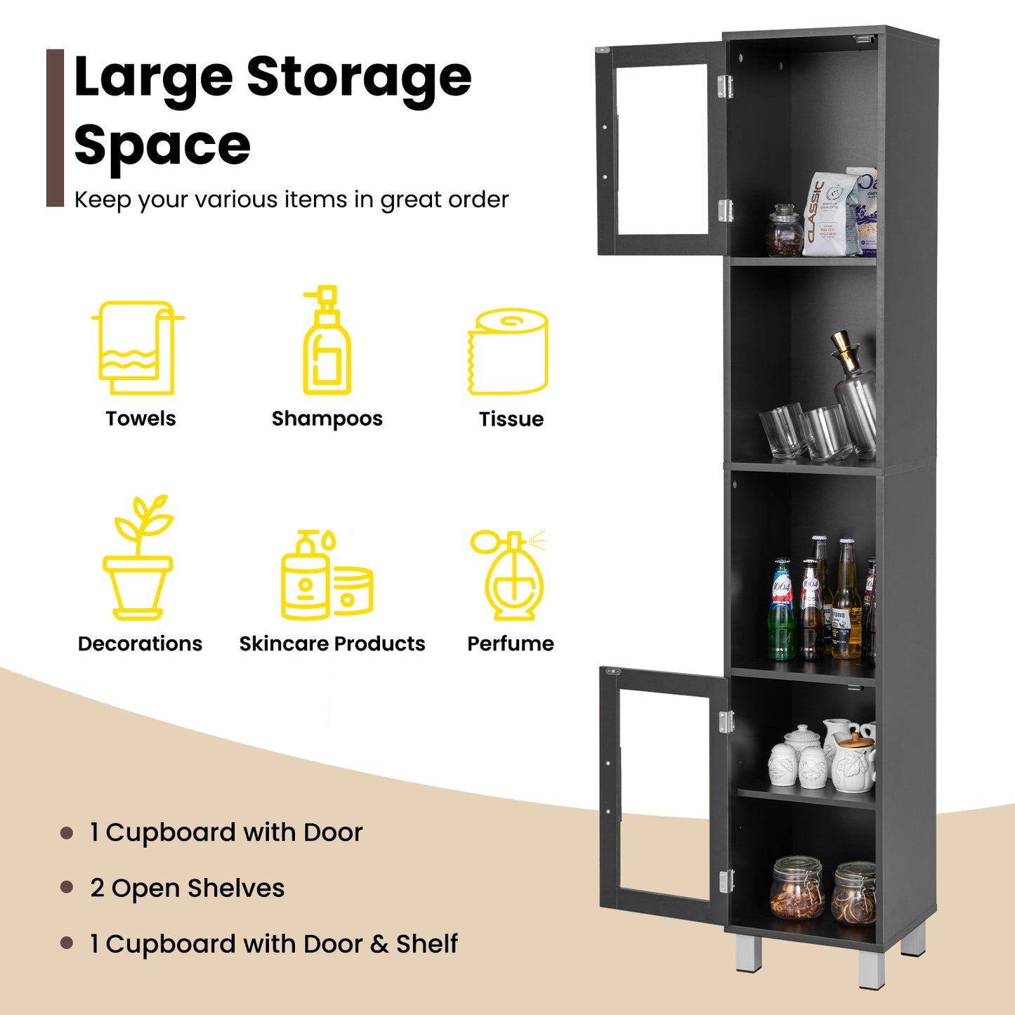 71" Tall Bathroom Storage Cabinet with Display Shelves & Organizer for Bedroom