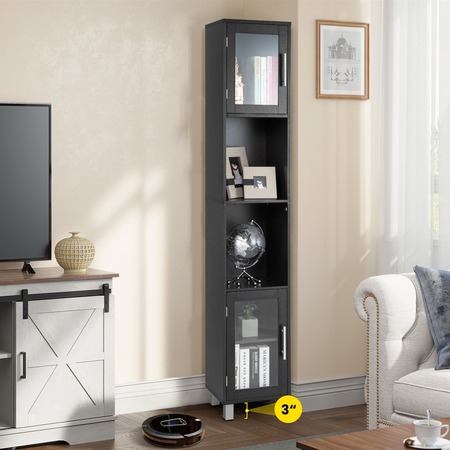 71" Tall Bathroom Storage Cabinet with Display Shelves & Organizer for Bedroom