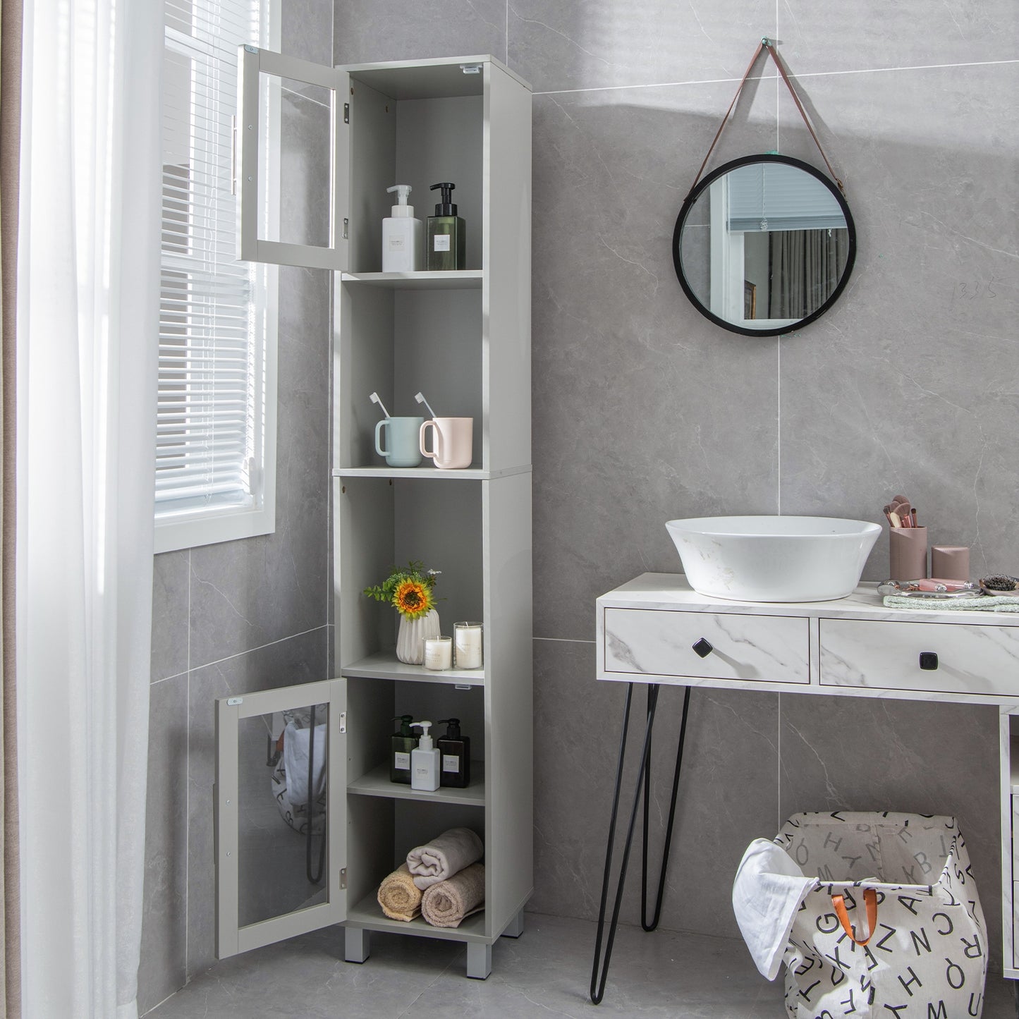 71" Tall Bathroom Storage Cabinet with Display Shelves & Organizer for Bedroom