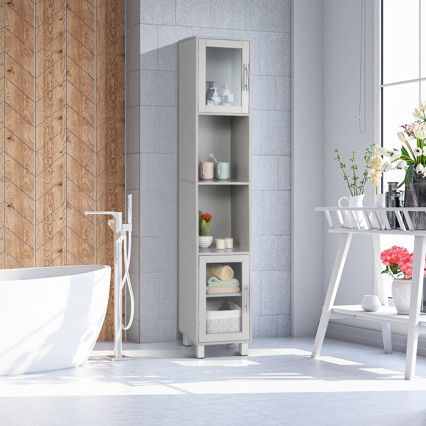 71" Tall Bathroom Storage Cabinet with Display Shelves & Organizer for Bedroom