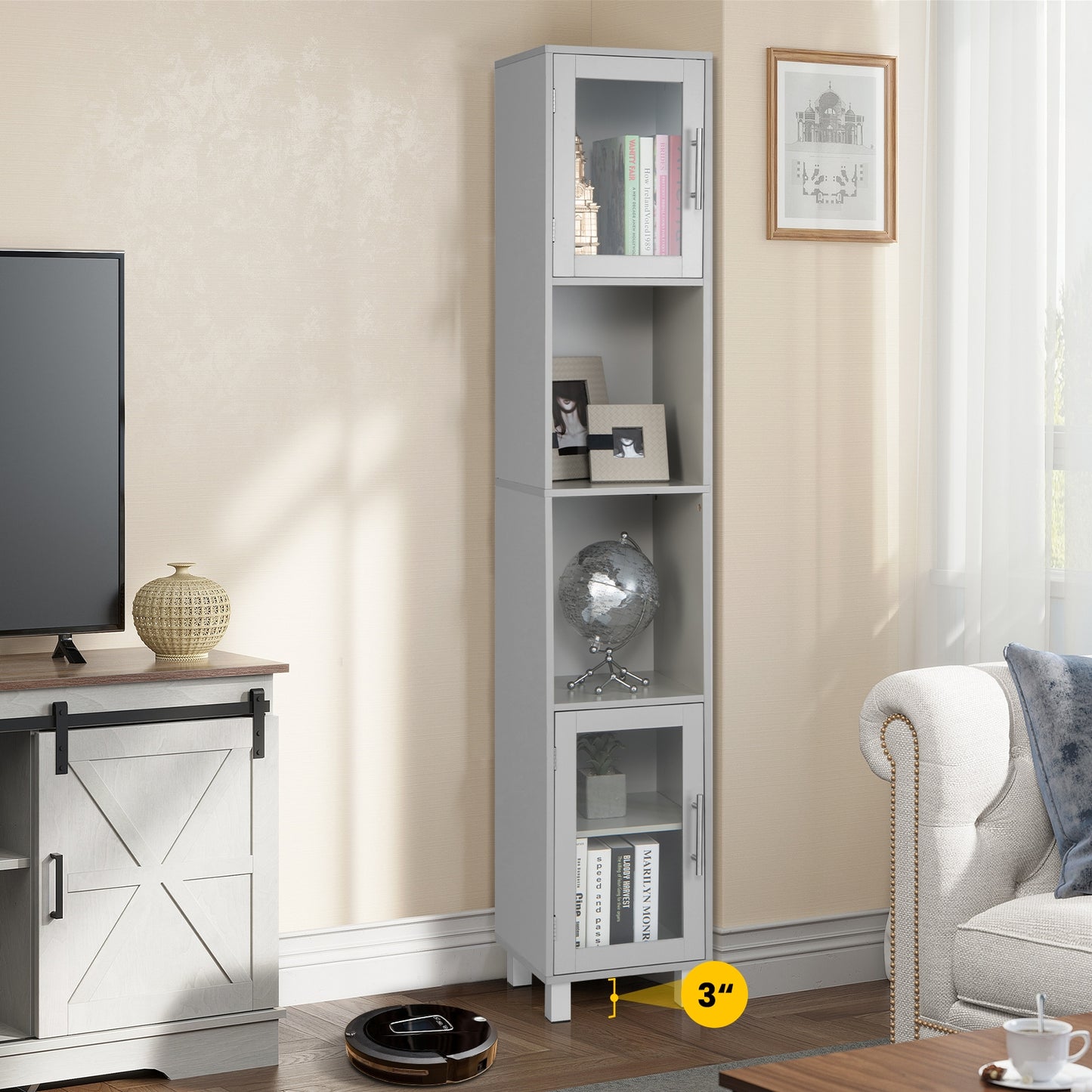 71" Tall Bathroom Storage Cabinet with Display Shelves & Organizer for Bedroom