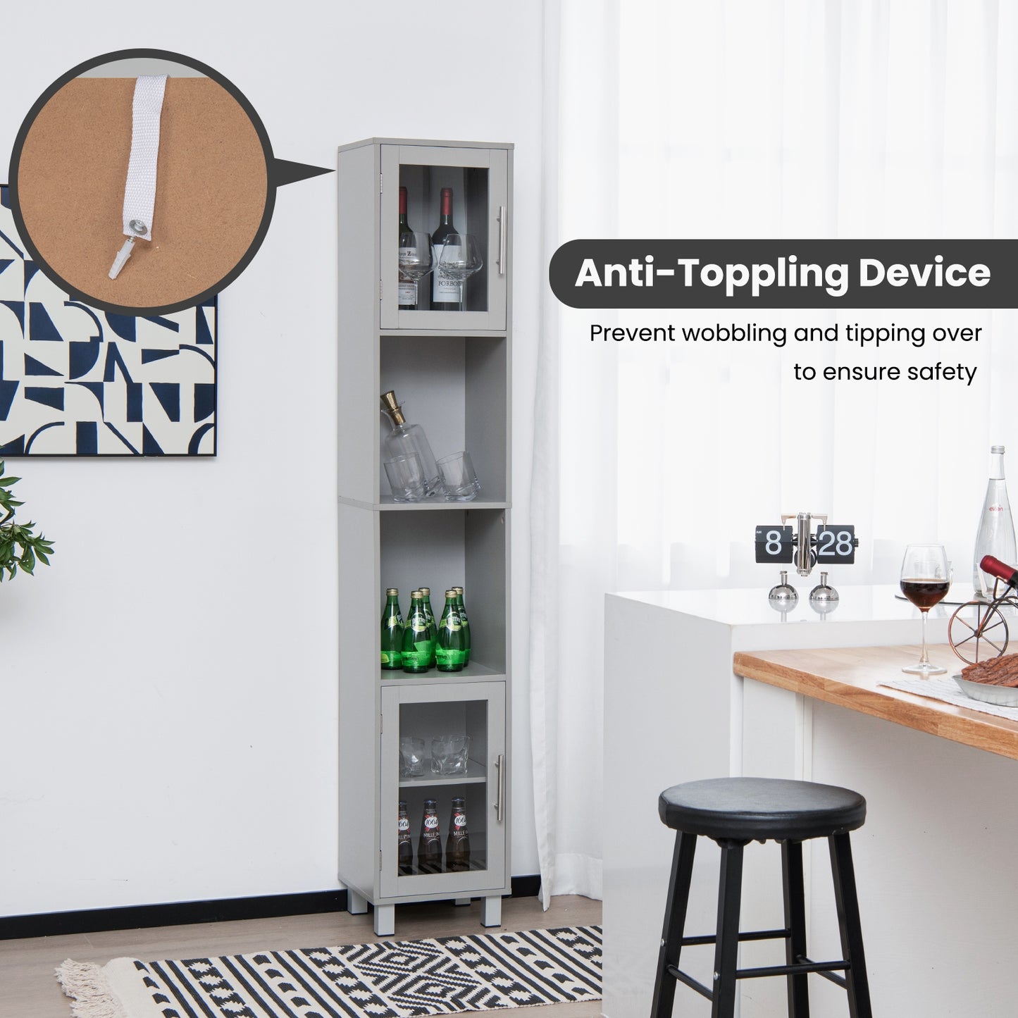 71" Tall Bathroom Storage Cabinet with Display Shelves & Organizer for Bedroom