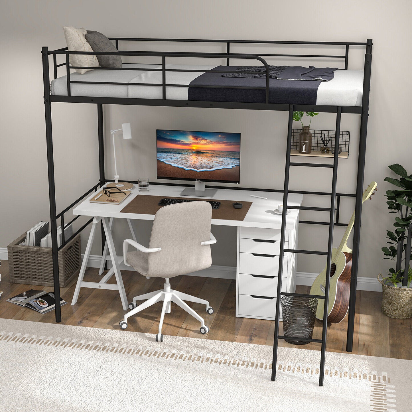 Sturdy Metal Twin Loft Bed Frame with Raised Space for Storage