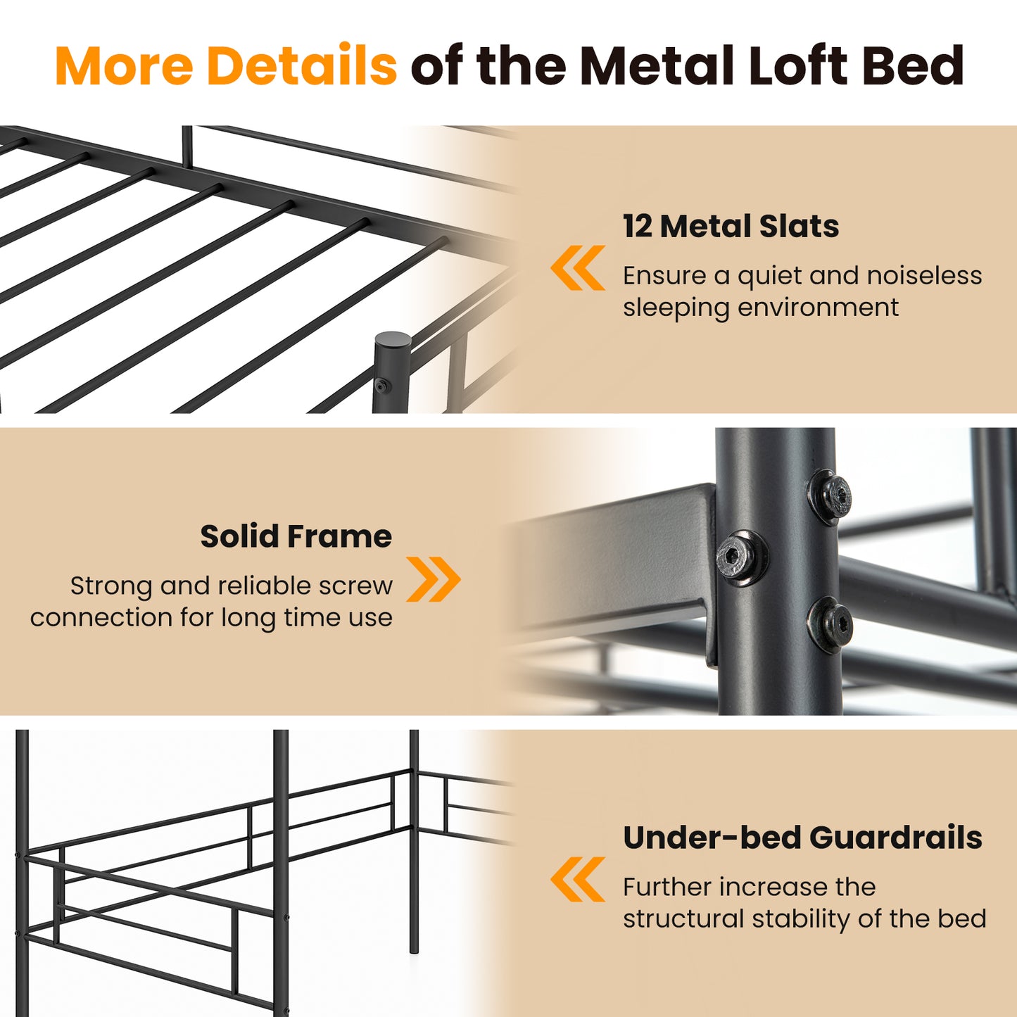 Sturdy Metal Twin Loft Bed Frame with Raised Space for Storage