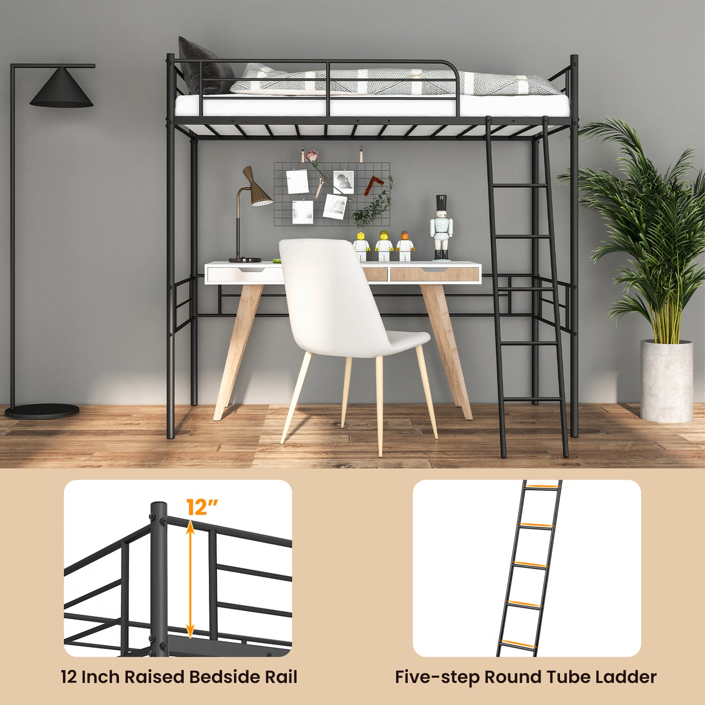 Sturdy Metal Twin Loft Bed Frame with Raised Space for Storage