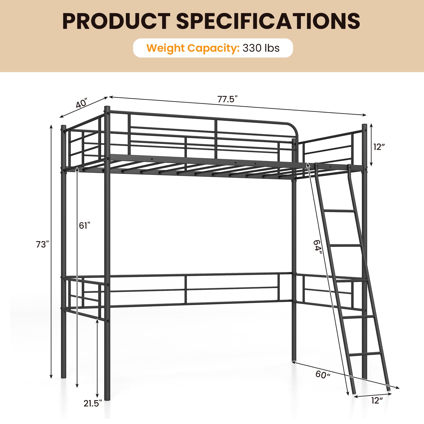 Sturdy Metal Twin Loft Bed Frame with Raised Space for Storage