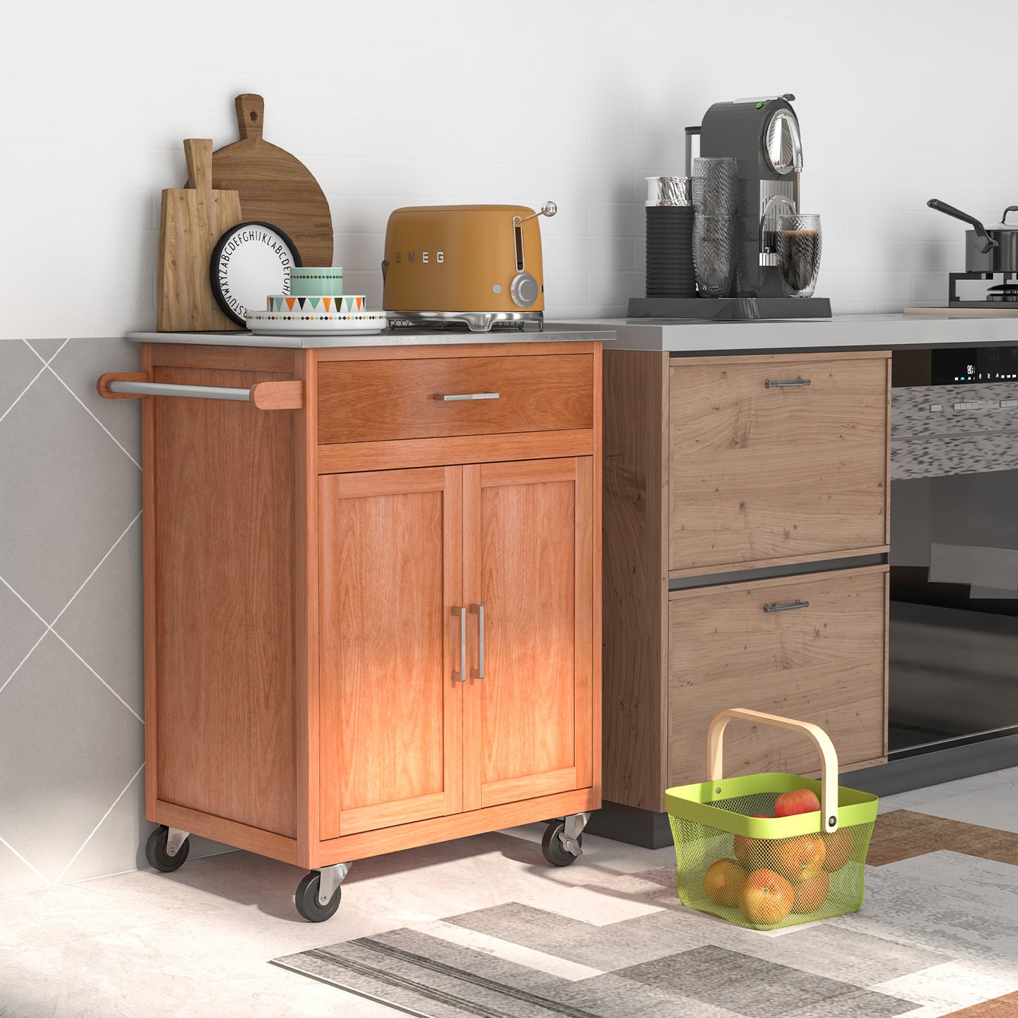 Rolling Kitchen Island Cart with Stainless Steel Top and Ample Cabinet Storage