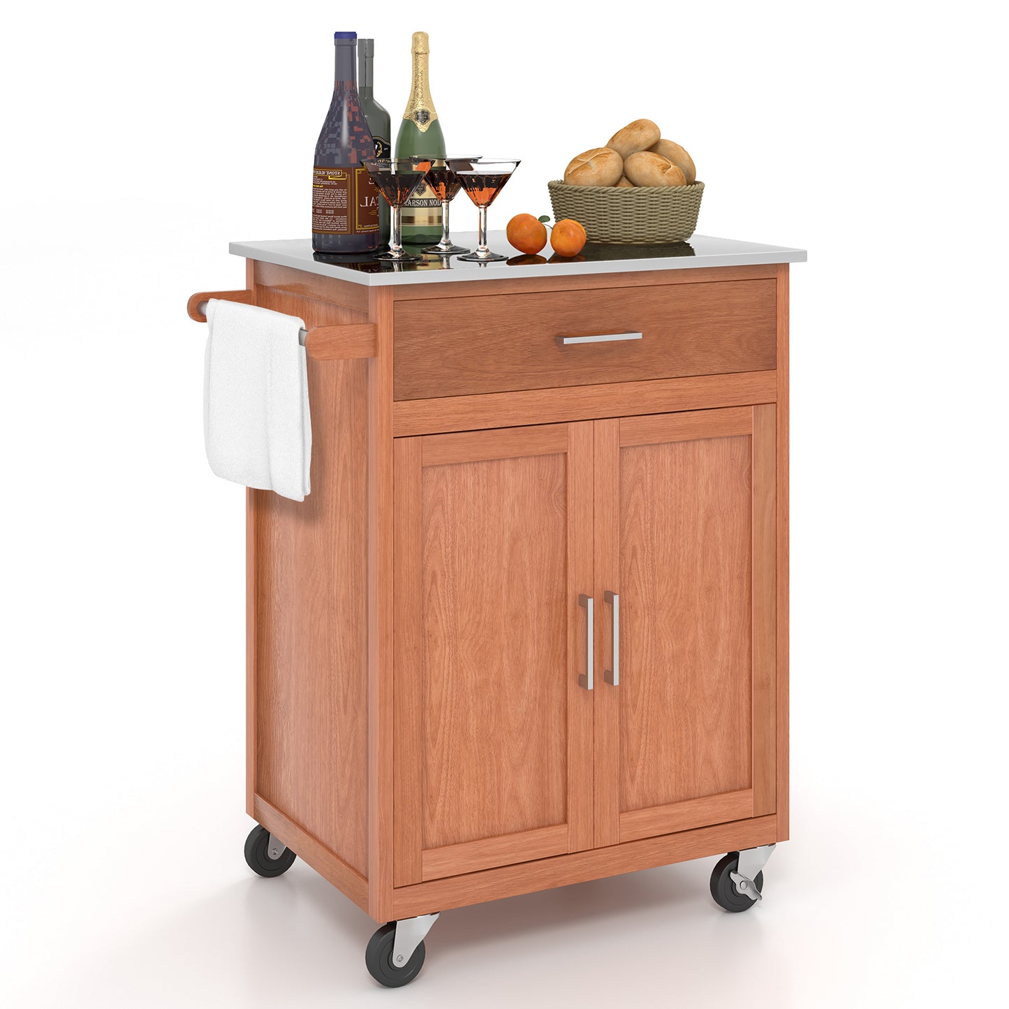 Rolling Kitchen Island Cart with Stainless Steel Top and Ample Cabinet Storage