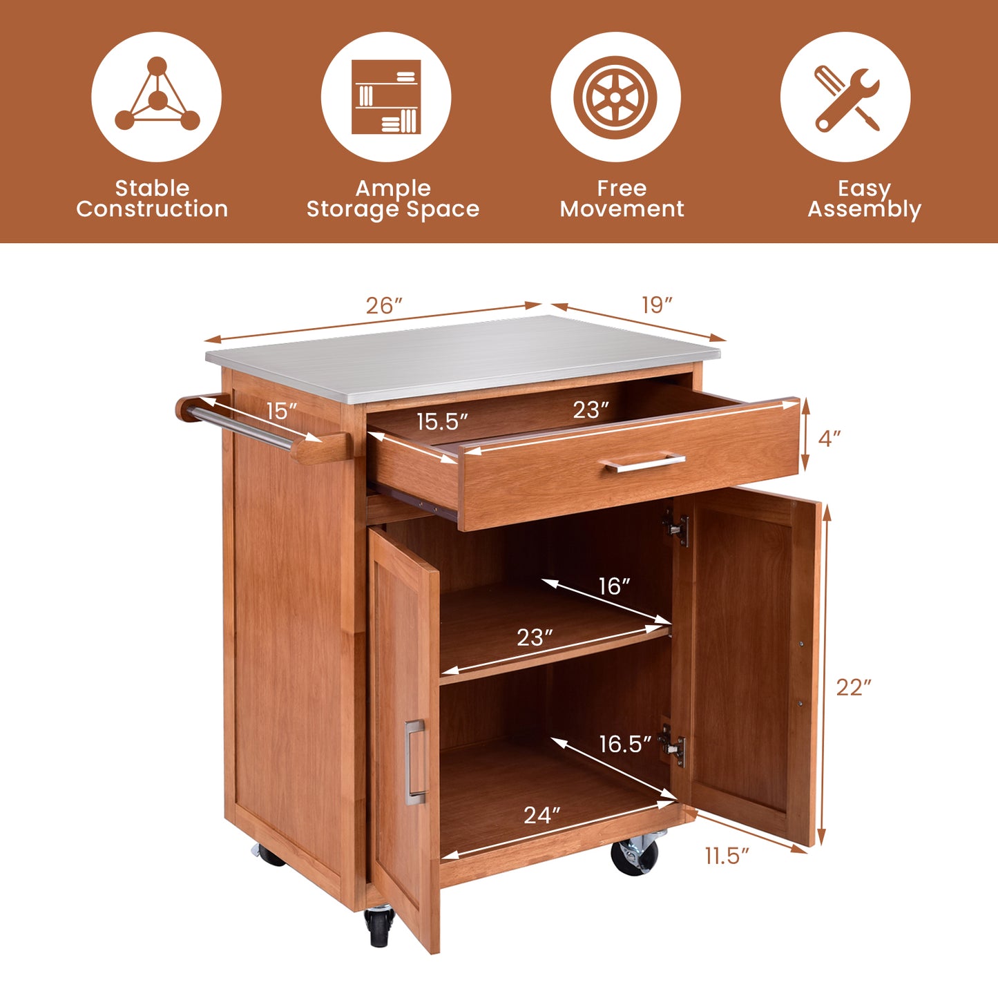 Rolling Kitchen Island Cart with Stainless Steel Top and Ample Cabinet Storage