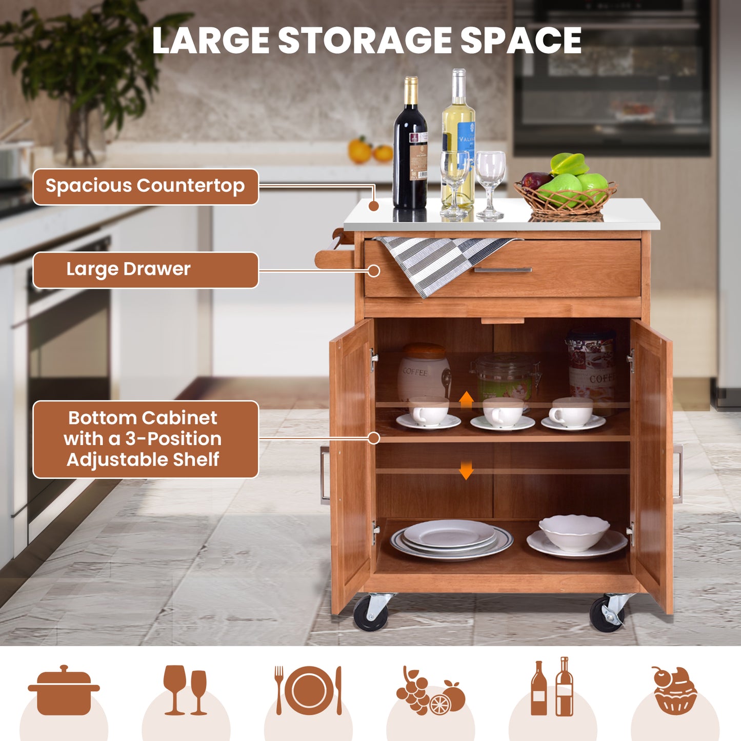 Rolling Kitchen Island Cart with Stainless Steel Top and Ample Cabinet Storage